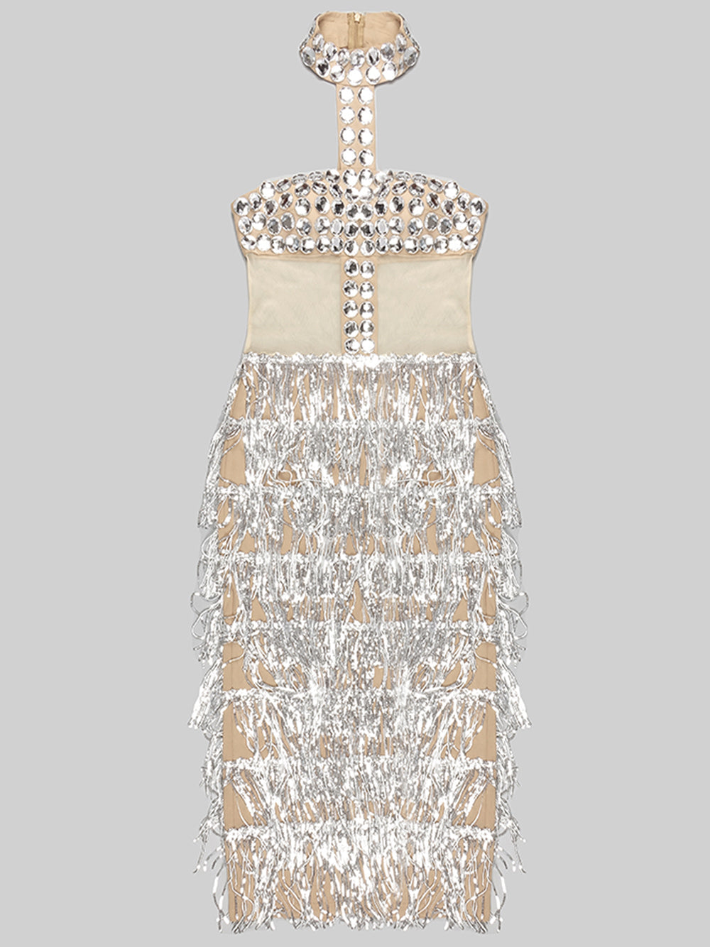 Sequin Rhinestone Halter Neck Mesh Tiered Fringe Bodycon Maxi Gown