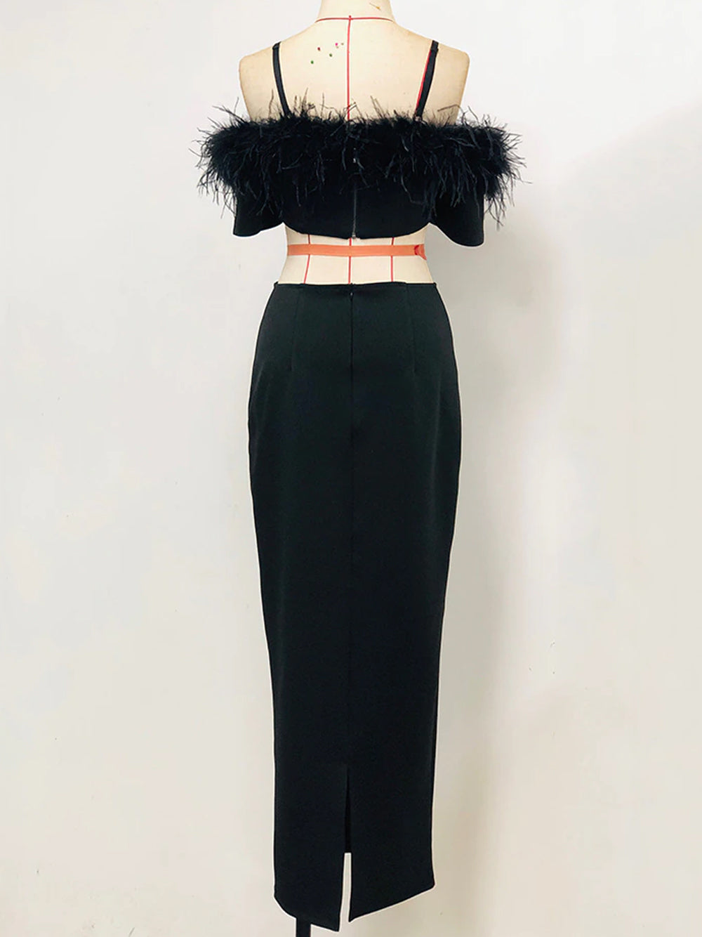 Feather Trim Off Shoulder Waist Cut Out Bodycon Maxi Gown