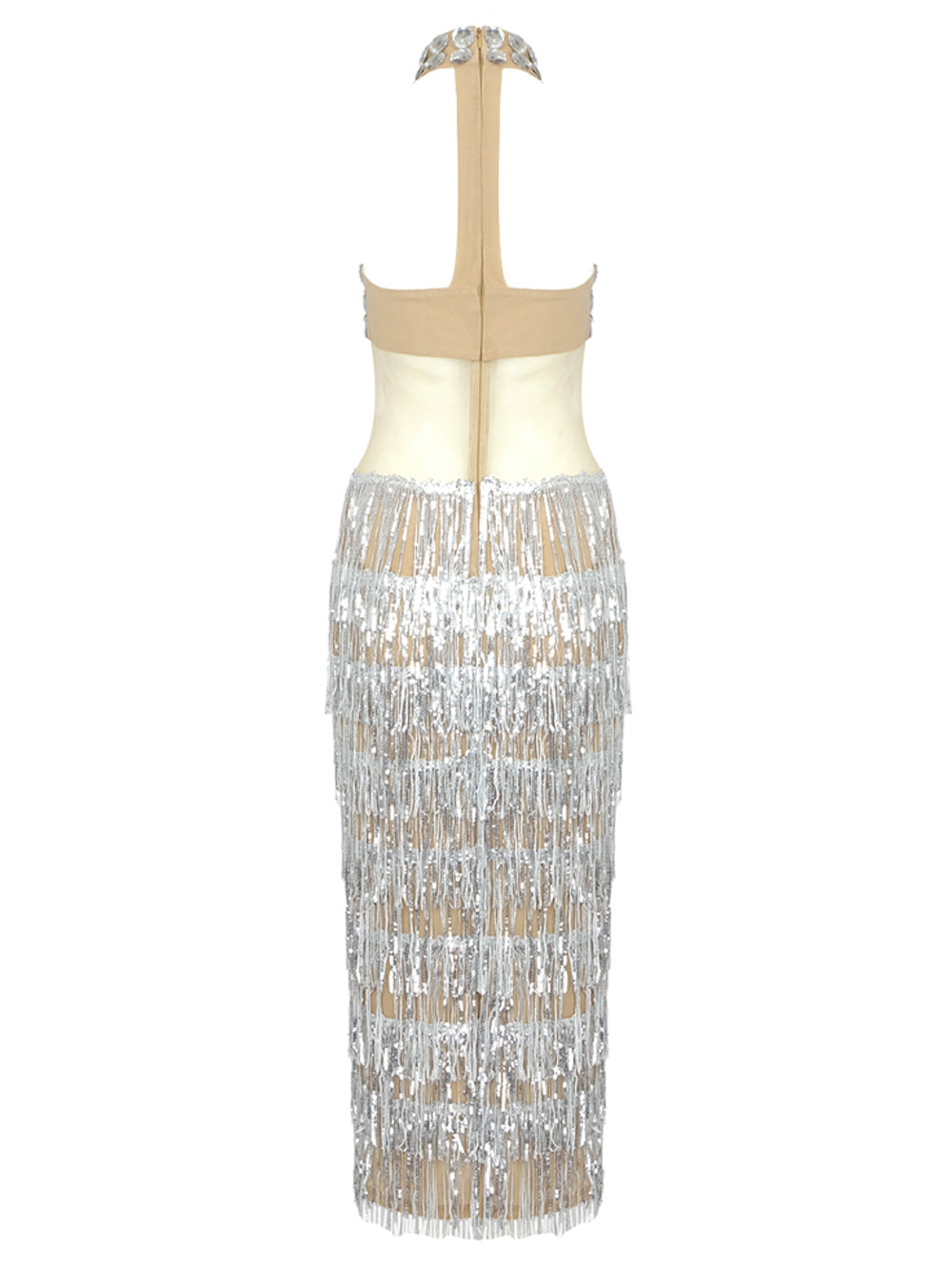 Sequin Rhinestone Halter Neck Mesh Tiered Fringe Bodycon Maxi Gown