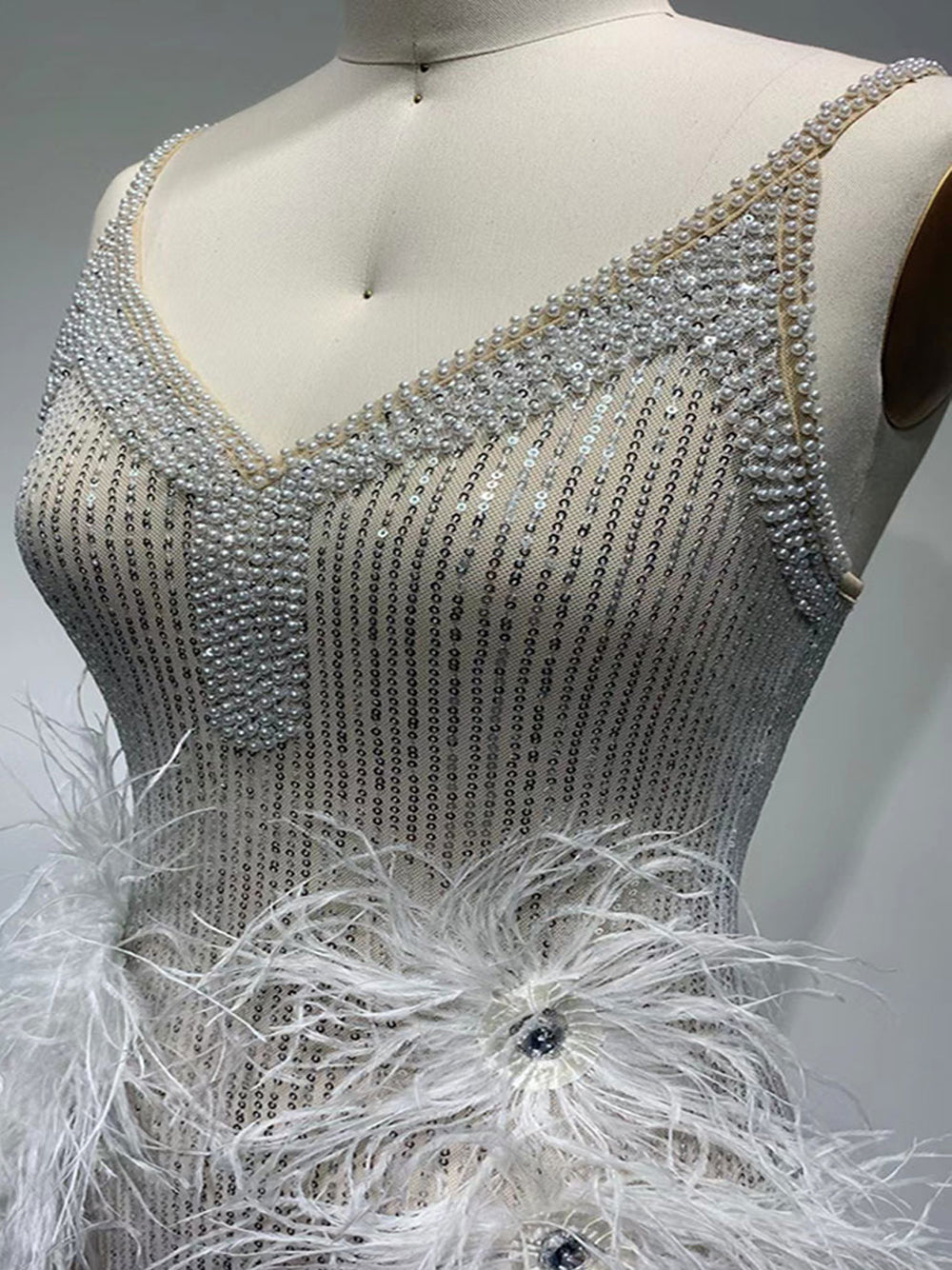 Spaghetti Strap Deep V-Neck Sequin Feather Burst Crystal Trim Mini Dress