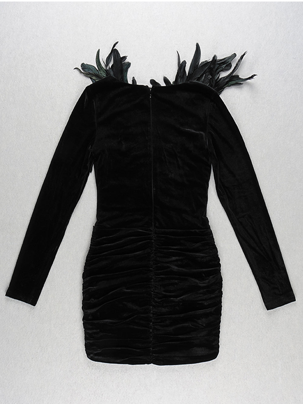 Velvet Deep V-Neck Long Sleeve Feather Bodice Ruched Beaded Applique Mini Dress