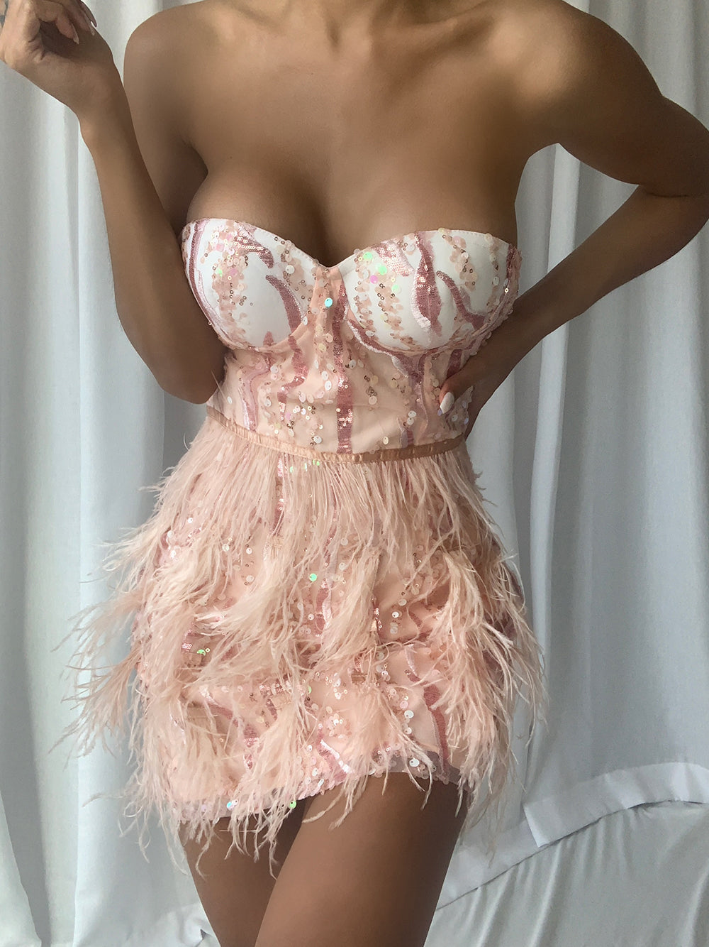 Sequin Strapless Sweetheart Bustier Feather Mini Dress