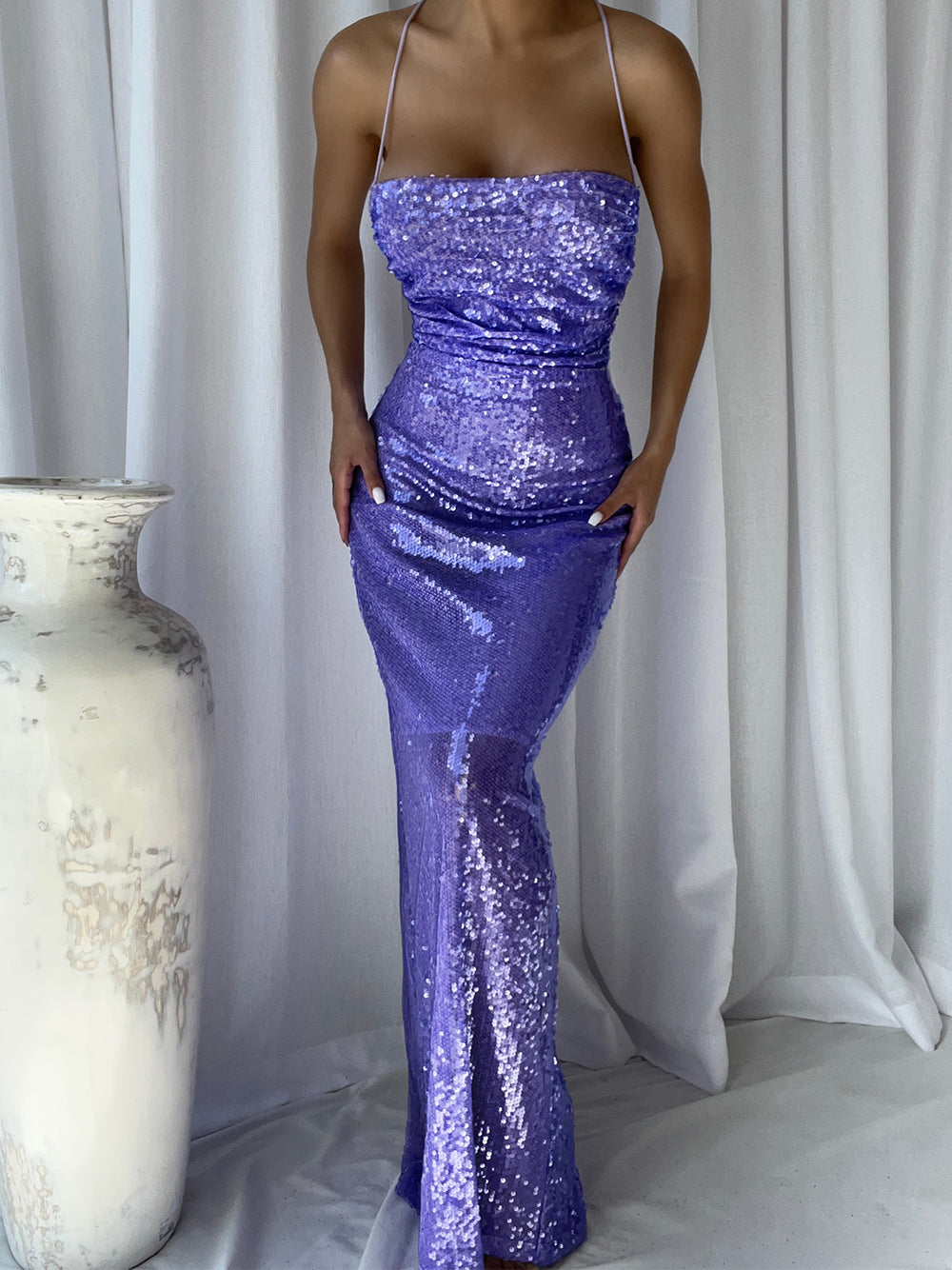 Sequin Spaghetti Strap Ruched Side Seam Bodycon Column Maxi Gown