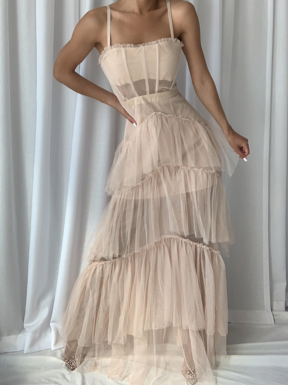 Tulle Corset Bodice Chevron Tiered Ruffle Spaghetti Strap Maxi Gown