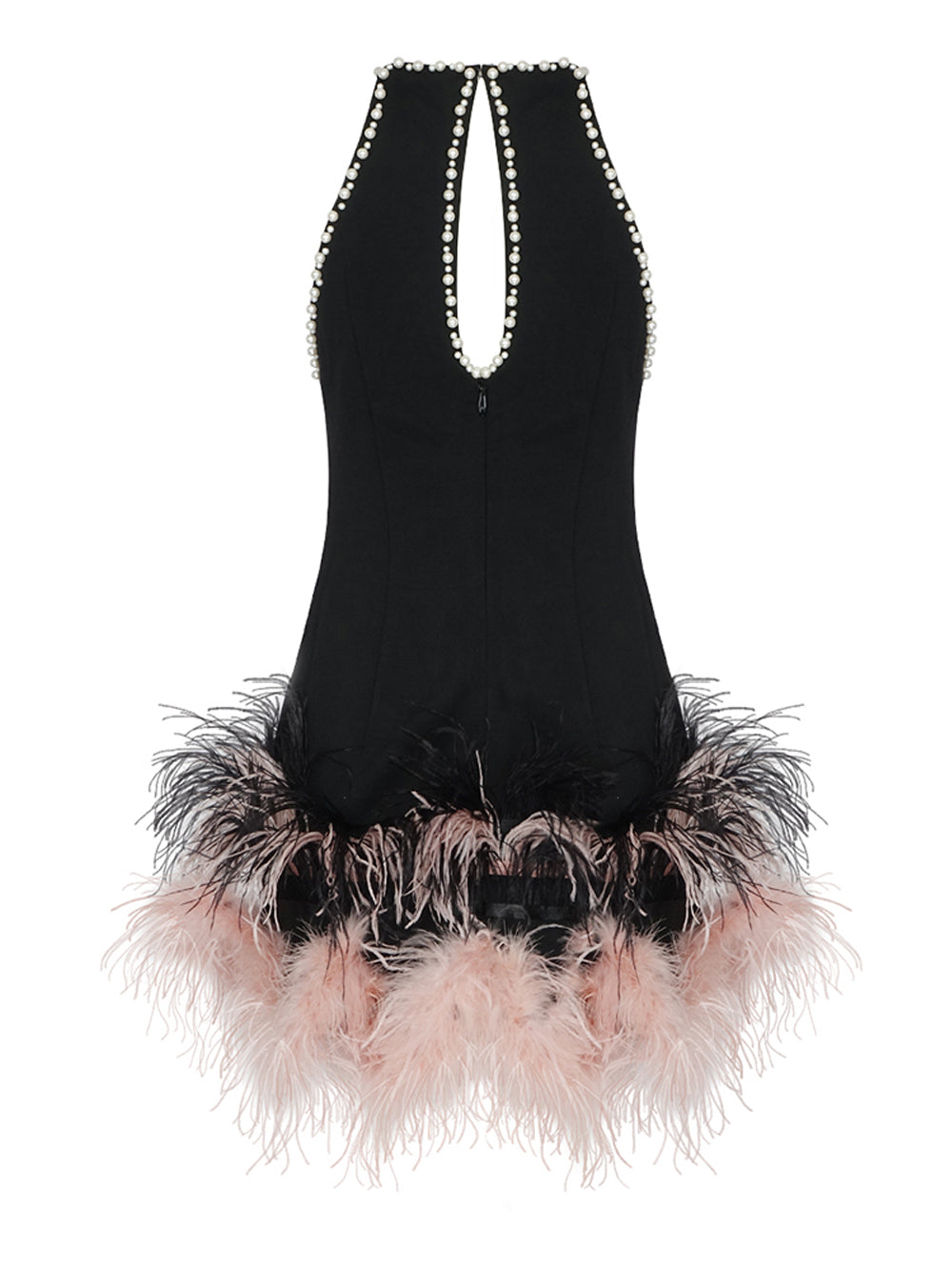 Pearl Trim Halter Neck Mesh Cut Out Feather Fringe Bodycon Mini Dress