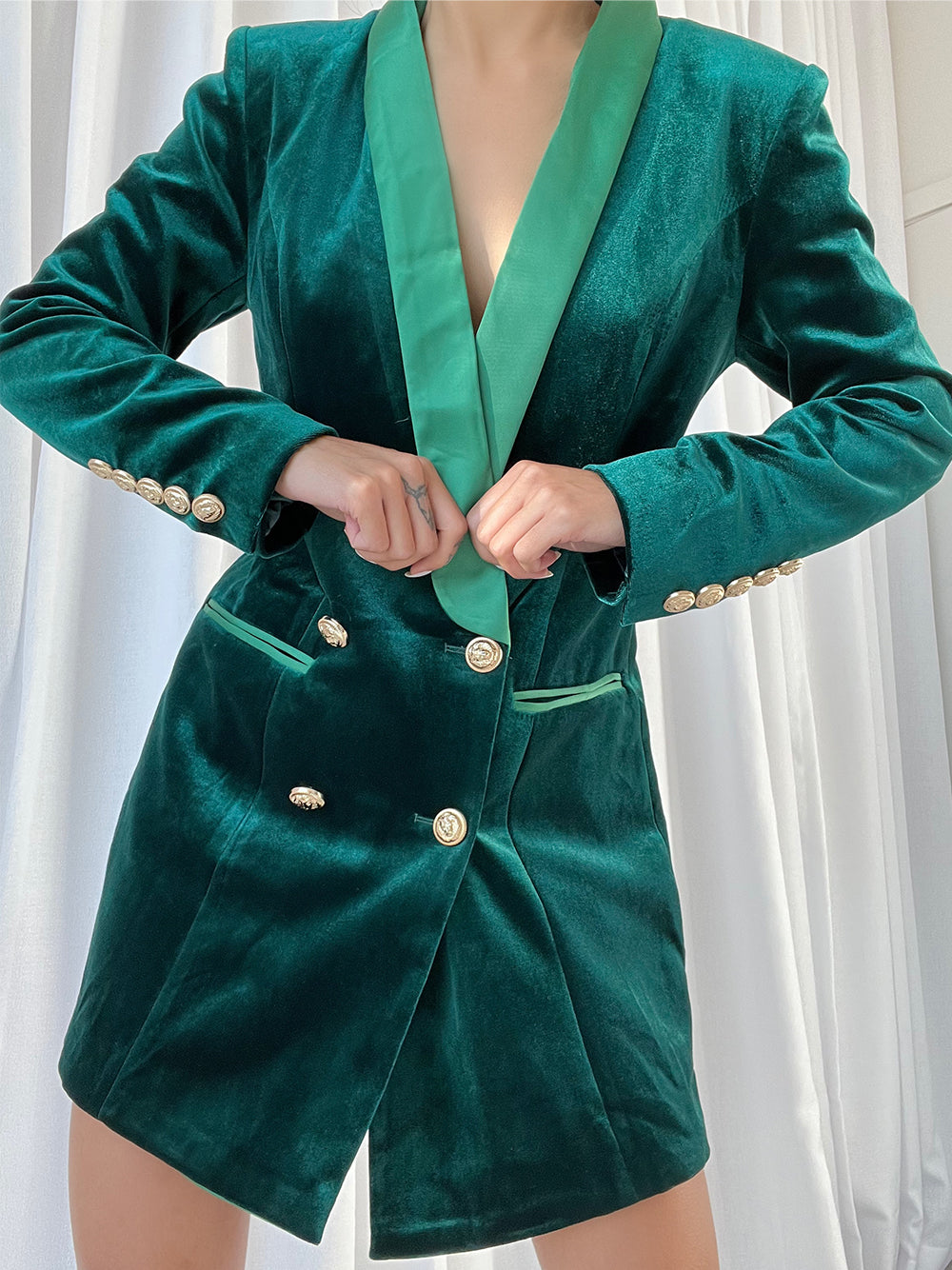 Velvet Satin Lapel Double Breasted Deep V-Neck Blazer Mini Dress
