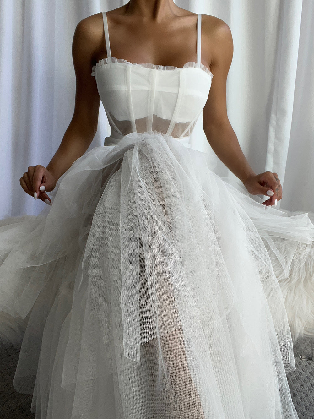 Tulle Corset Bodice Spaghetti Strap Tiered Ruffle Maxi Gown