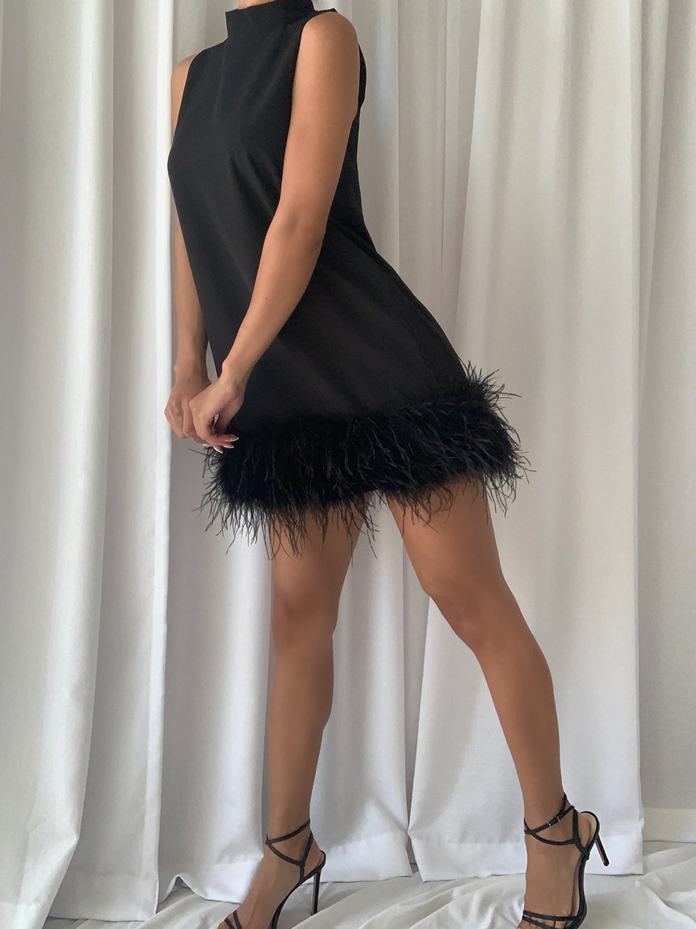 Mock Neck Sleeveless Feather Hem Shift Mini Dress
