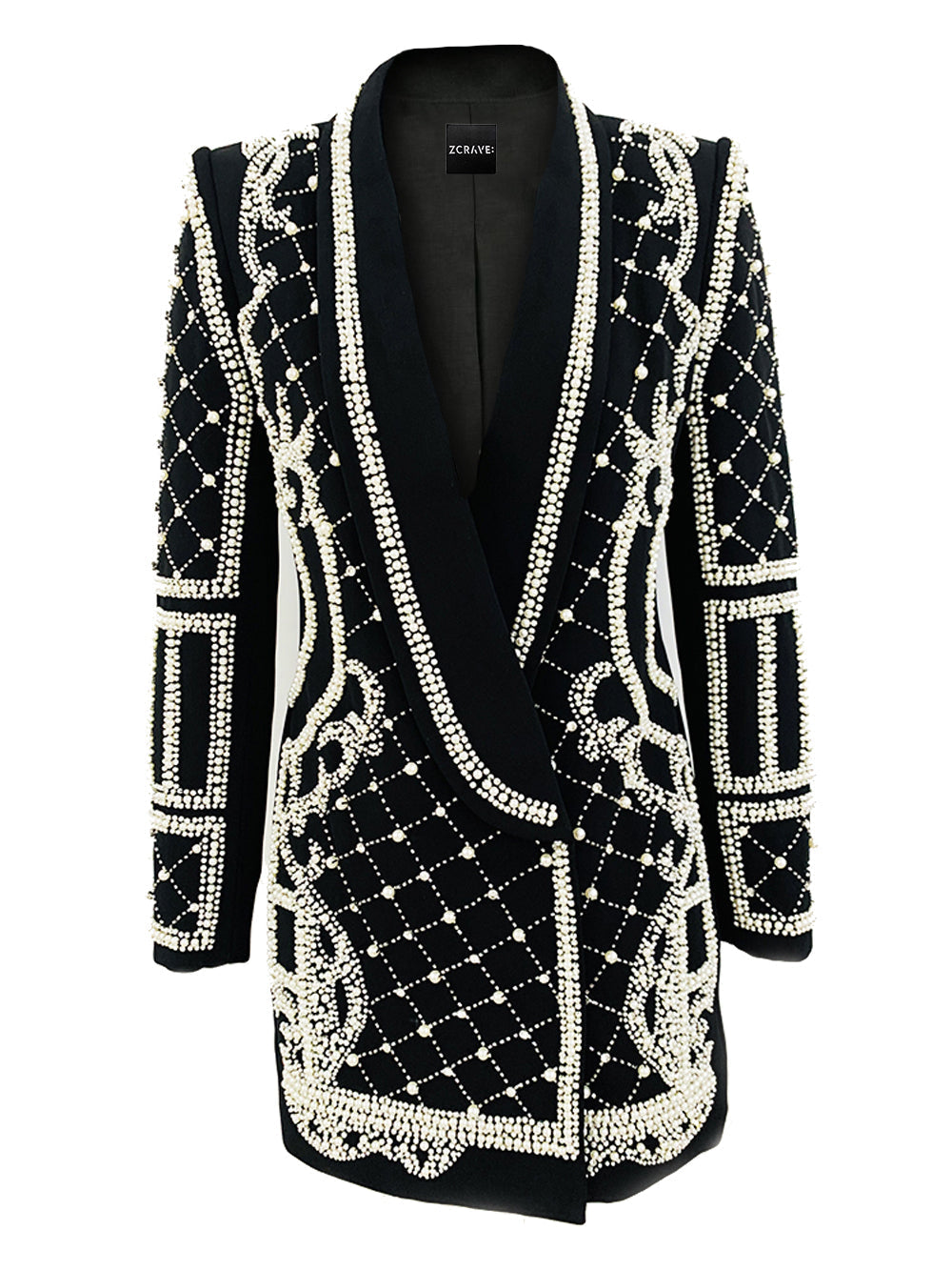 Pearl Beaded Rhinestone Grid Long Sleeve Deep V Blazer Mini Dress