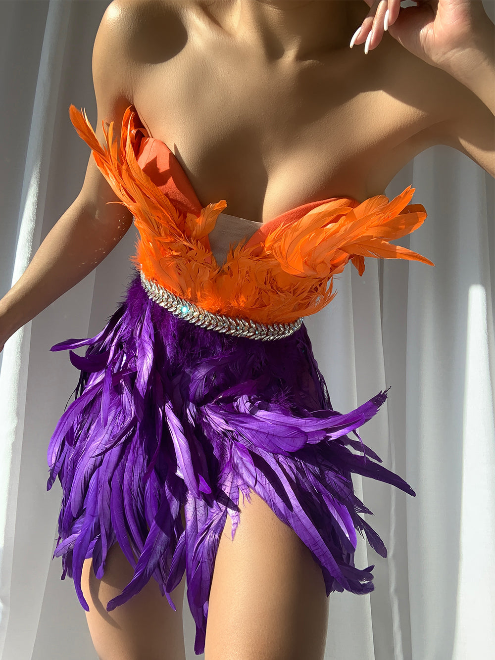 One Shoulder Feather Tiered Strapless Mini Dress with Floor Length Metallic Fringe