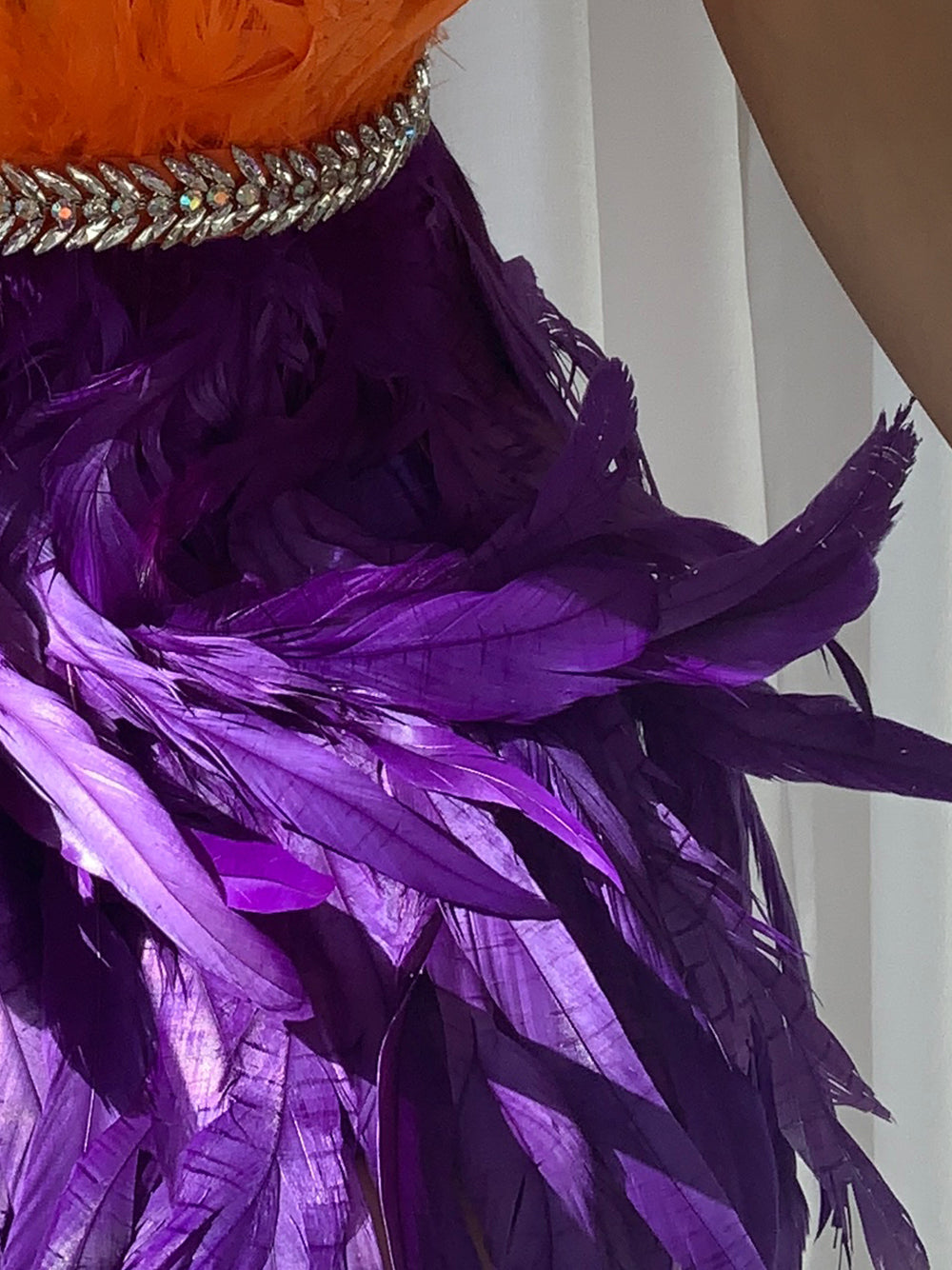 One Shoulder Feather Tiered Strapless Mini Dress with Floor Length Metallic Fringe