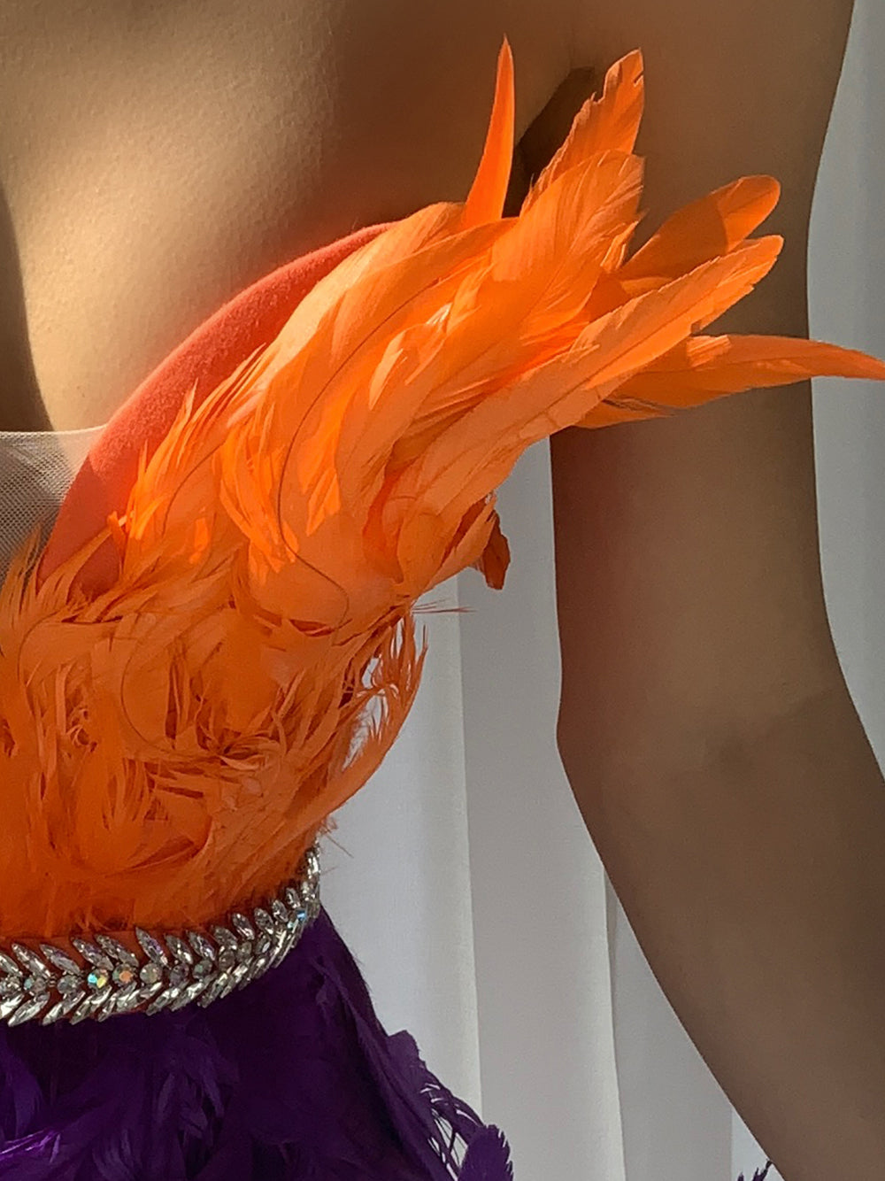 One Shoulder Feather Tiered Strapless Mini Dress with Floor Length Metallic Fringe