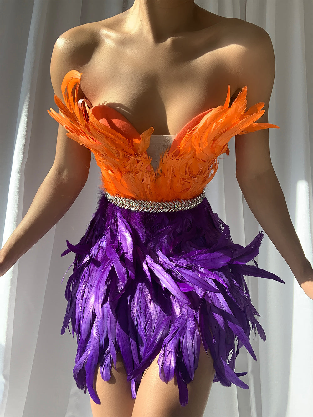 One Shoulder Feather Tiered Strapless Mini Dress with Floor Length Metallic Fringe