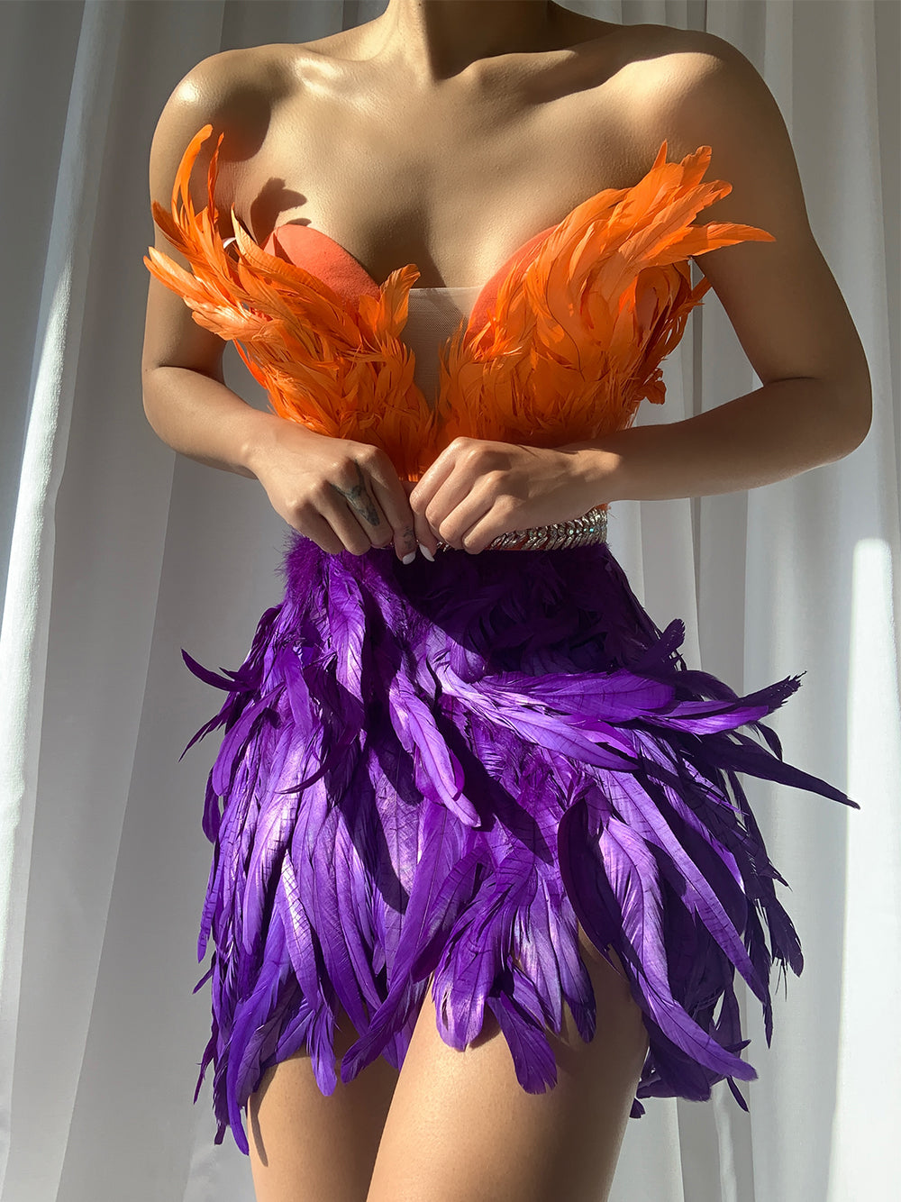One Shoulder Feather Tiered Strapless Mini Dress with Floor Length Metallic Fringe