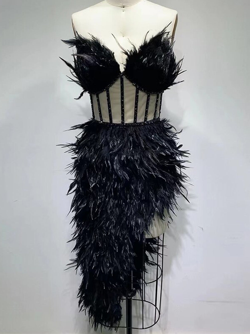 Strapless Feather Sweetheart Corset Bodice Beaded Trim Asymmetric Hem Mini Dress
