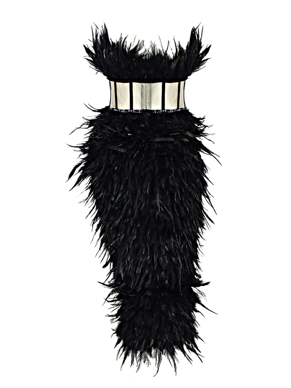 Strapless Feather Sweetheart Corset Bodice Beaded Trim Asymmetric Hem Mini Dress