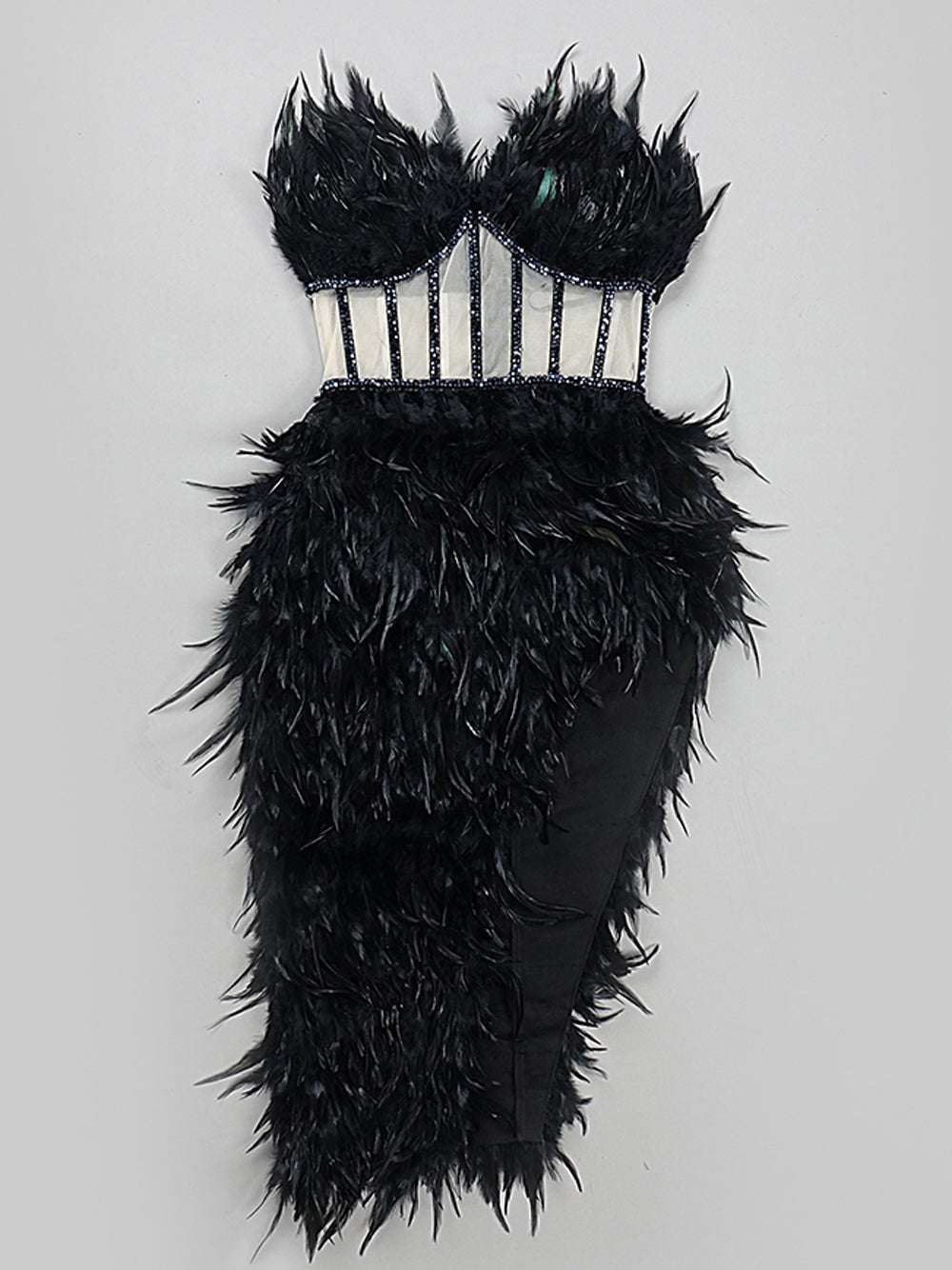 Strapless Feather Sweetheart Corset Bodice Beaded Trim Asymmetric Hem Mini Dress