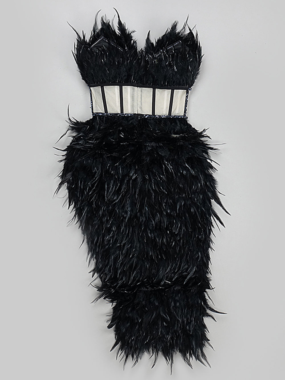 Strapless Feather Sweetheart Corset Bodice Beaded Trim Asymmetric Hem Mini Dress