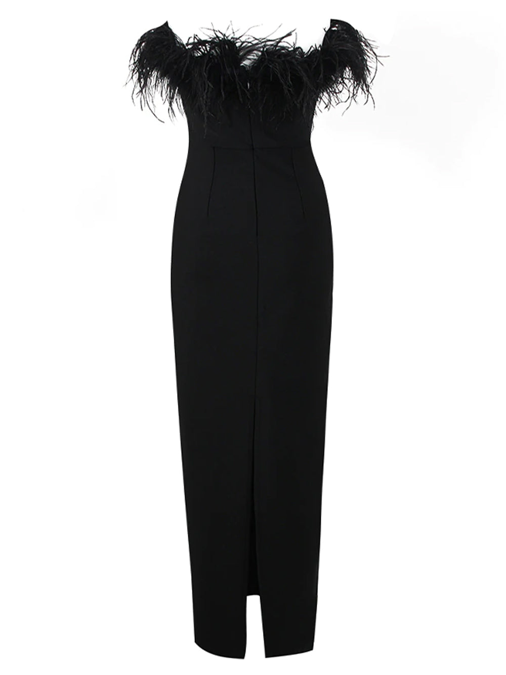 Off Shoulder Feather Trim Column Midi Dress
