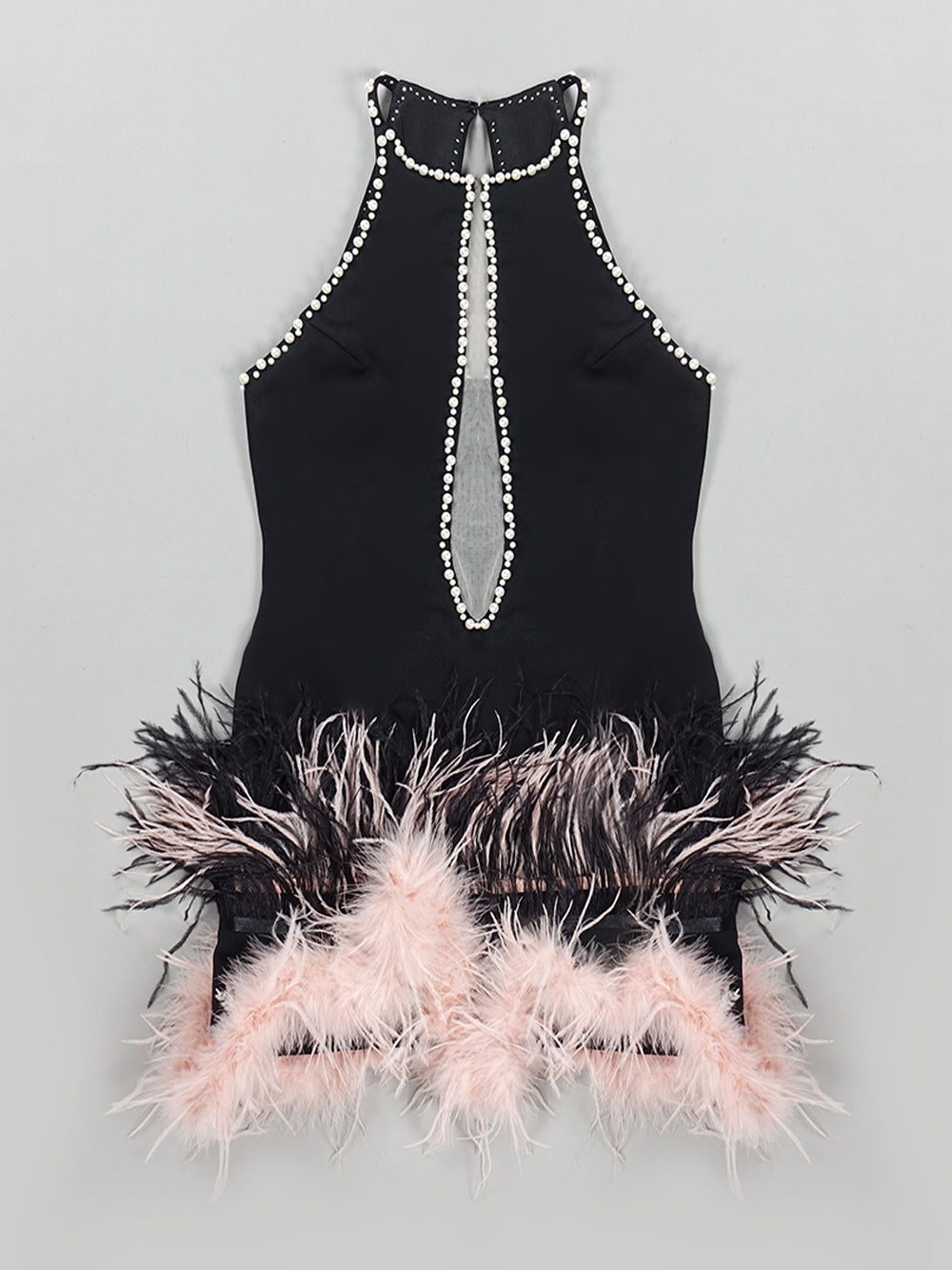 Pearl Trim Halter Neck Mesh Cut Out Feather Fringe Bodycon Mini Dress