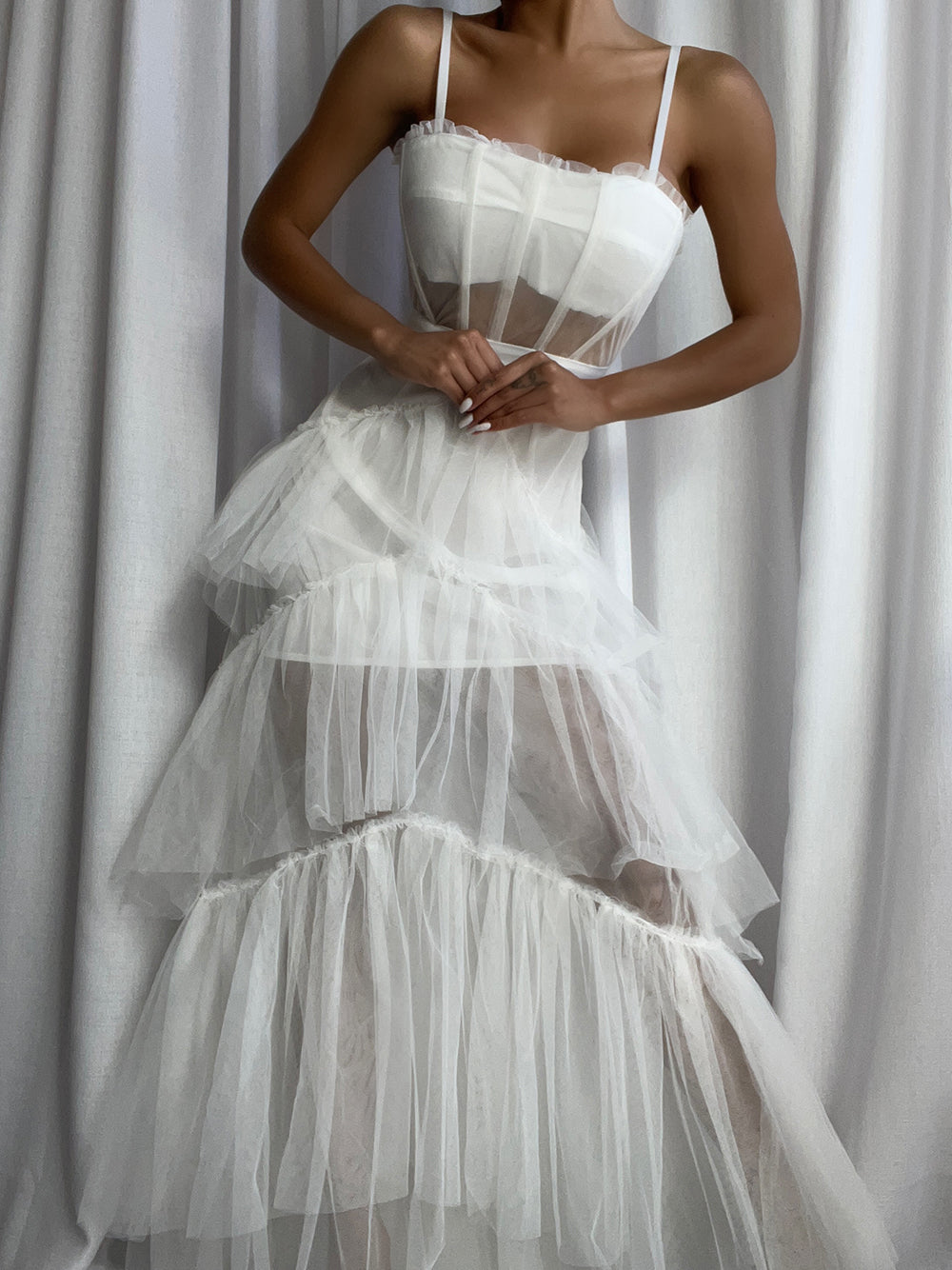 Tulle Corset Bodice Spaghetti Strap Tiered Ruffle Maxi Gown