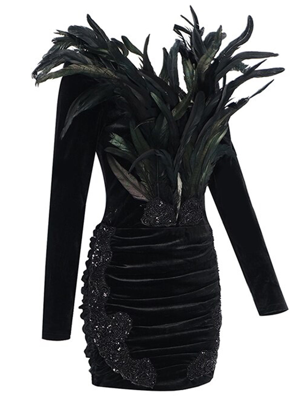 Velvet Deep V-Neck Long Sleeve Feather Bodice Ruched Beaded Applique Mini Dress
