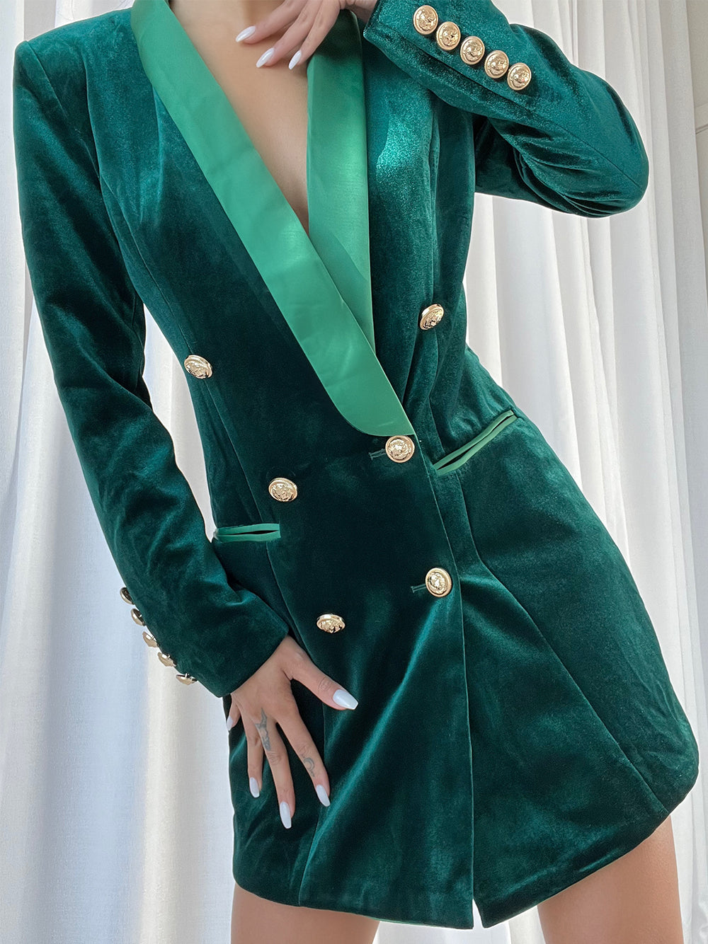 Velvet Satin Lapel Double Breasted Deep V-Neck Blazer Mini Dress