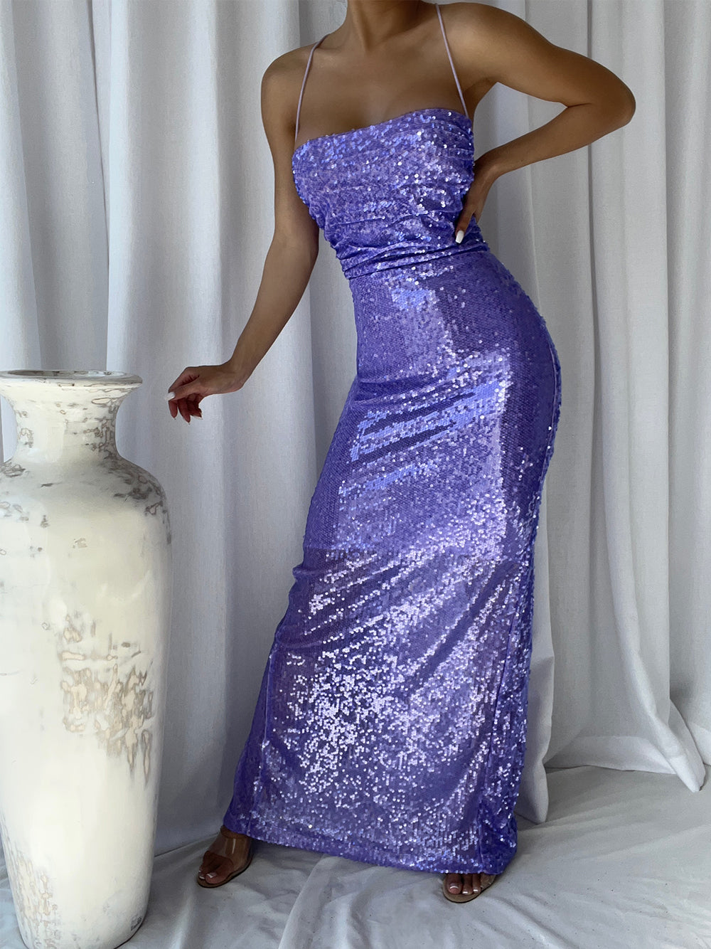 Sequin Spaghetti Strap Ruched Side Seam Bodycon Column Maxi Gown