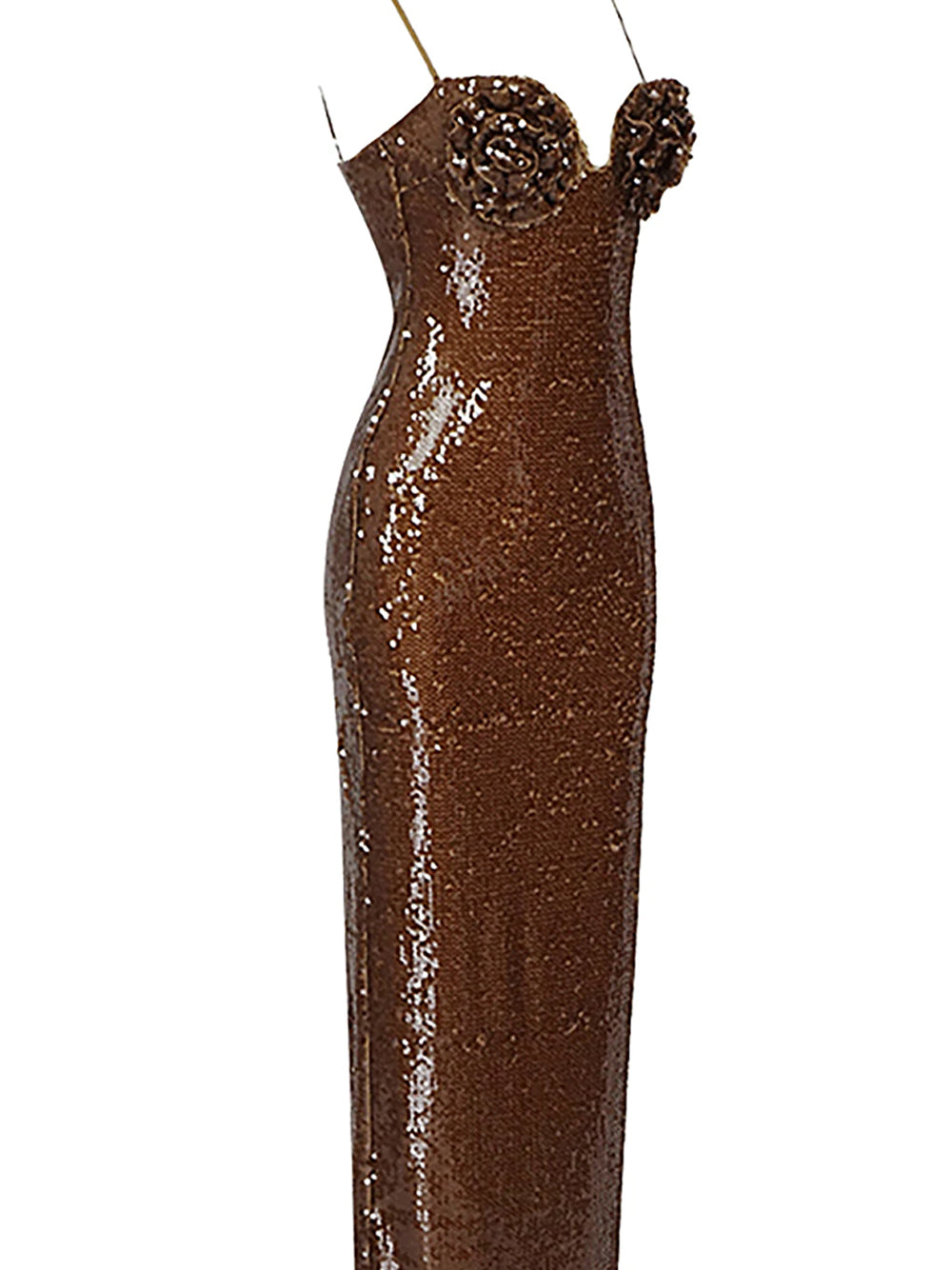 Sequin Spaghetti Strap Sweetheart Rosette Applique Mermaid Gown