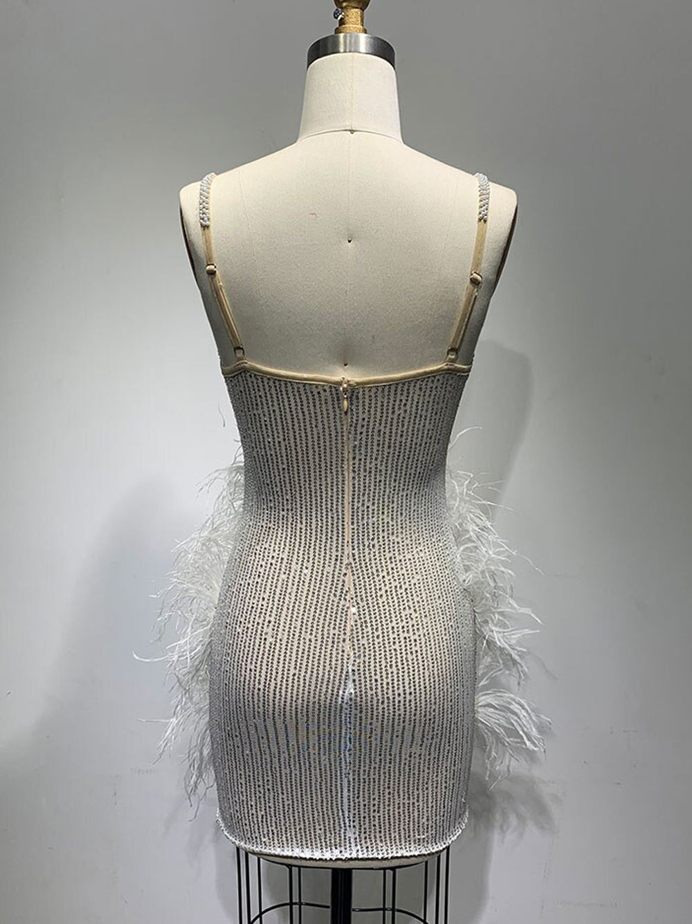 Spaghetti Strap Deep V-Neck Sequin Feather Burst Crystal Trim Mini Dress