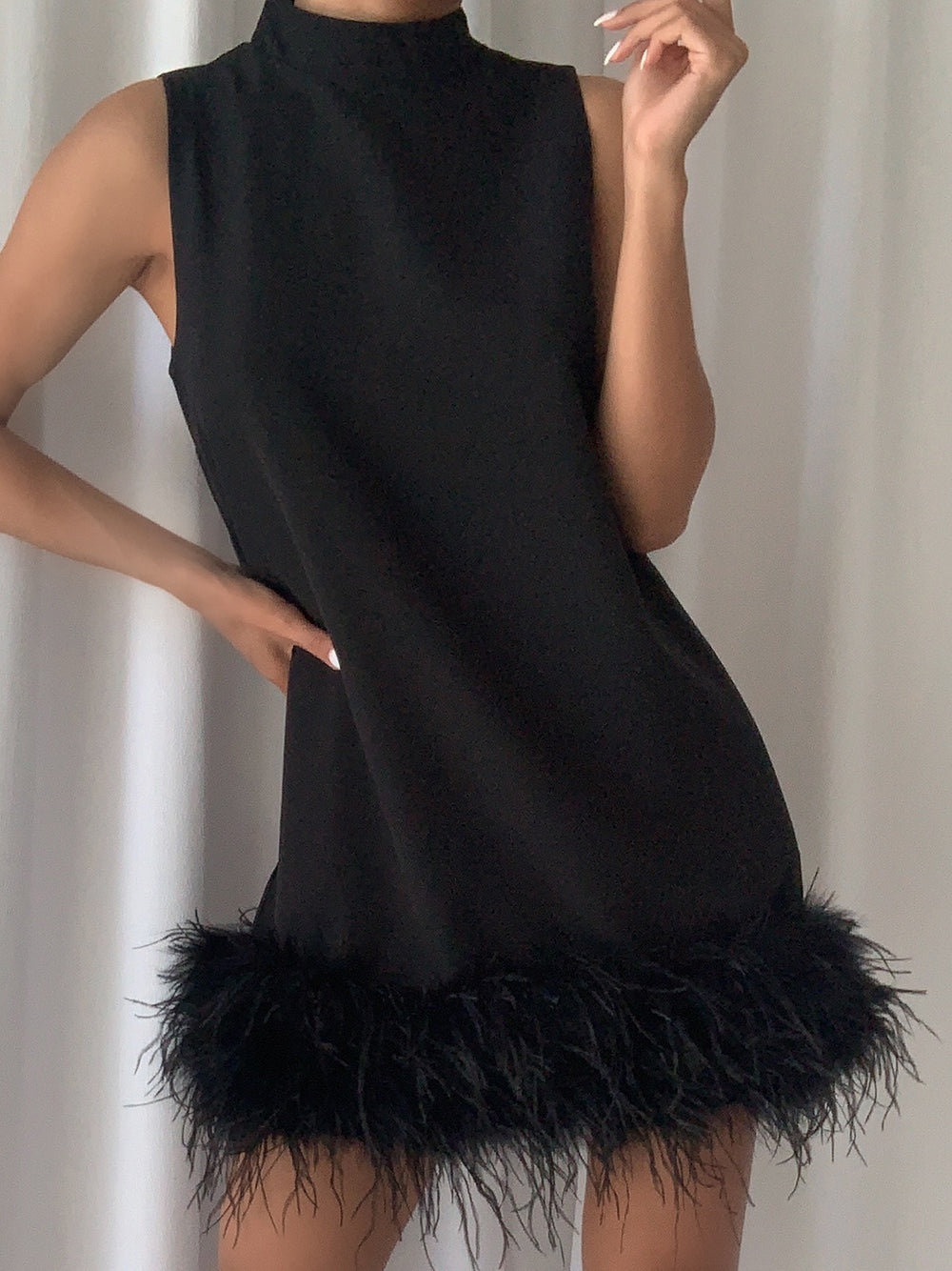 Mock Neck Sleeveless Feather Hem Shift Mini Dress