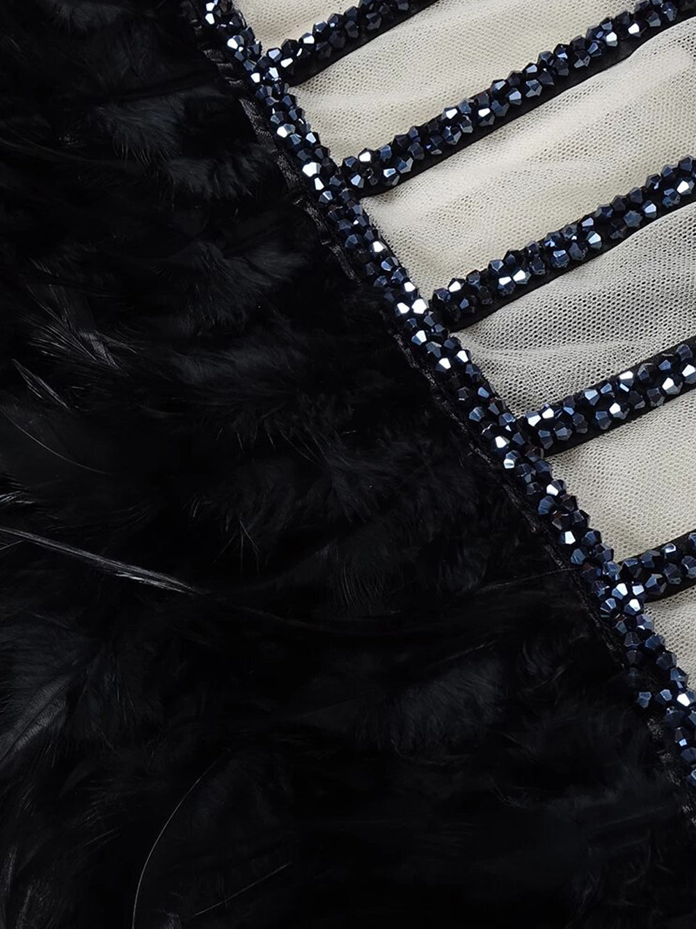 Strapless Feather Sweetheart Corset Bodice Beaded Trim Asymmetric Hem Mini Dress