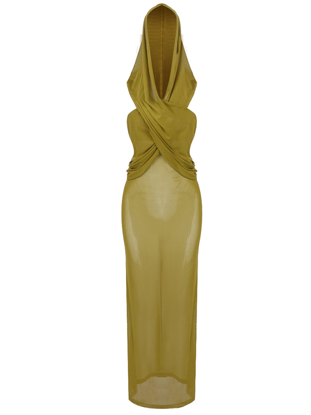 Hooded Cross Front Draped Bodice Sheer Mesh Sleeveless Maxi Dress