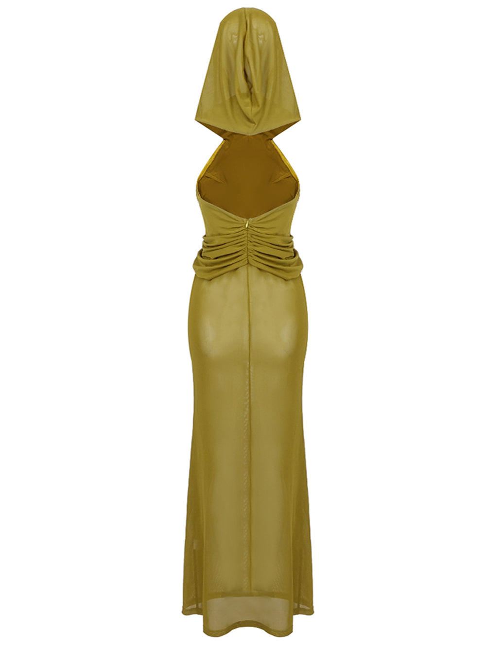 Hooded Cross Front Draped Bodice Sheer Mesh Sleeveless Maxi Dress