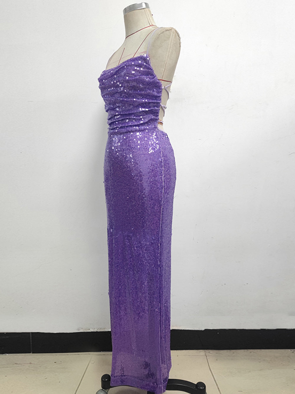 Sequin Spaghetti Strap Ruched Side Seam Bodycon Column Maxi Gown