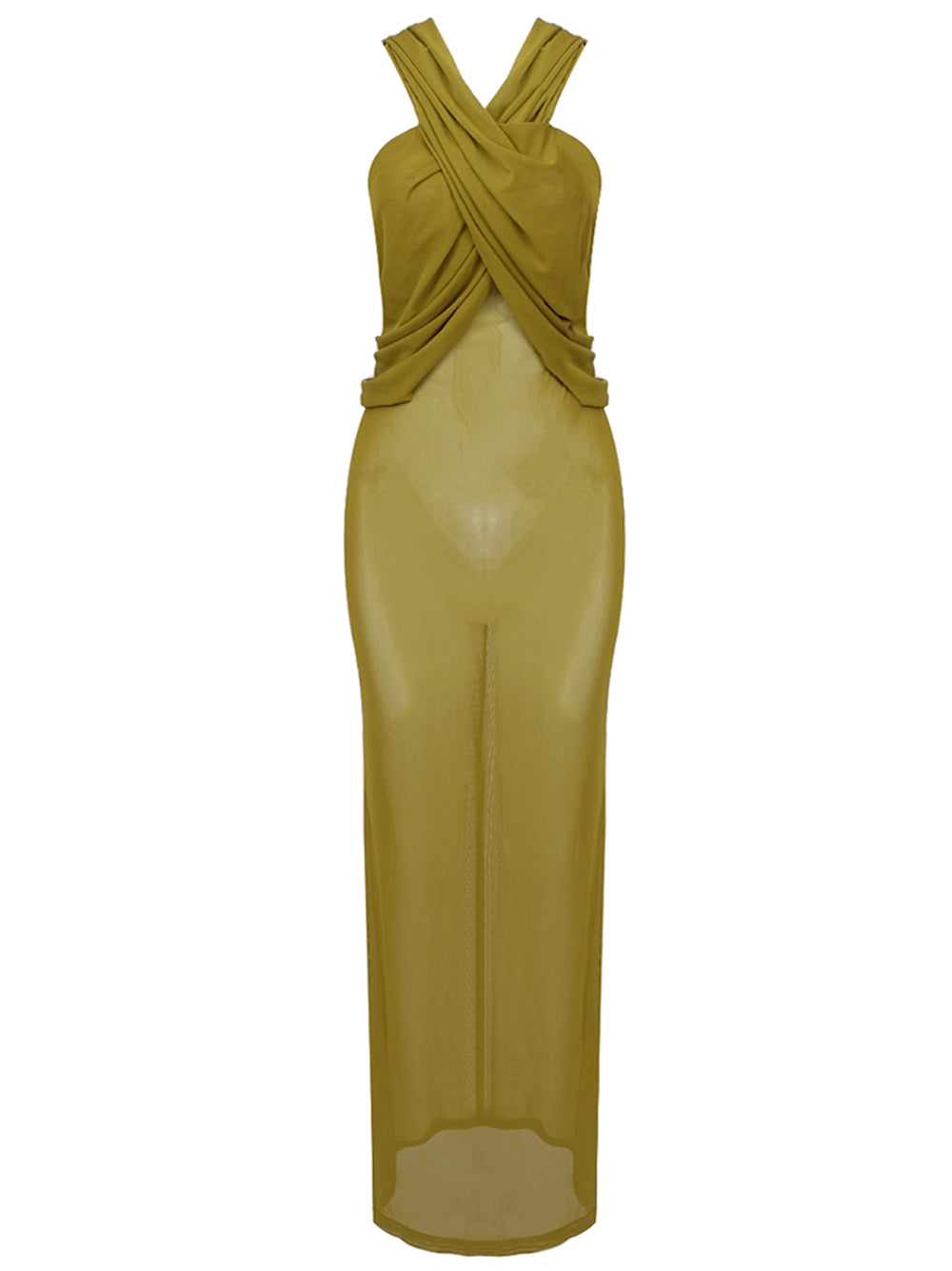 Hooded Cross Front Draped Bodice Sheer Mesh Sleeveless Maxi Dress