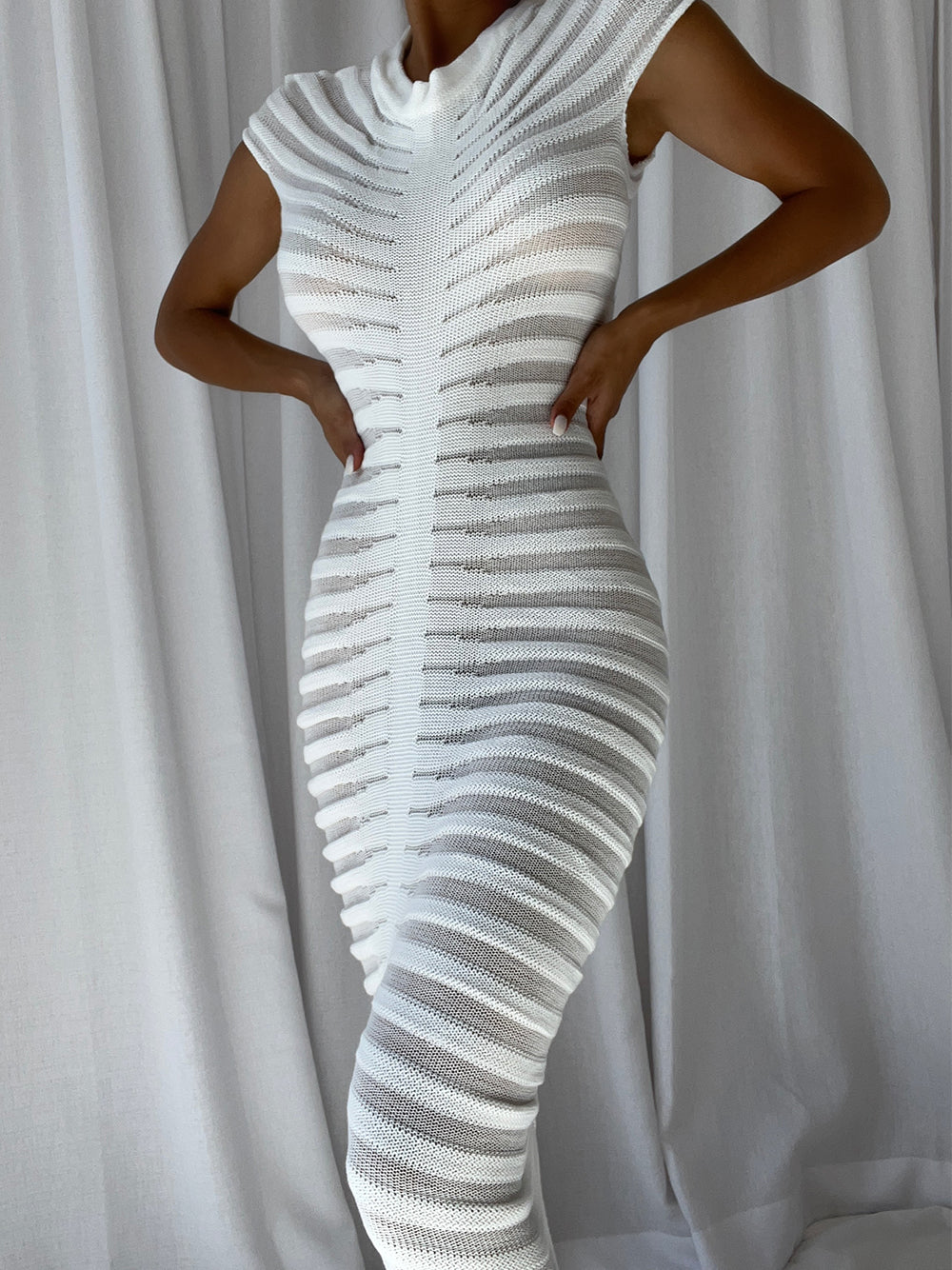 Knit Ribbed Semi Sheer Horizontal Stripe Mock Neck Cap Sleeve Bodycon Midi Dress