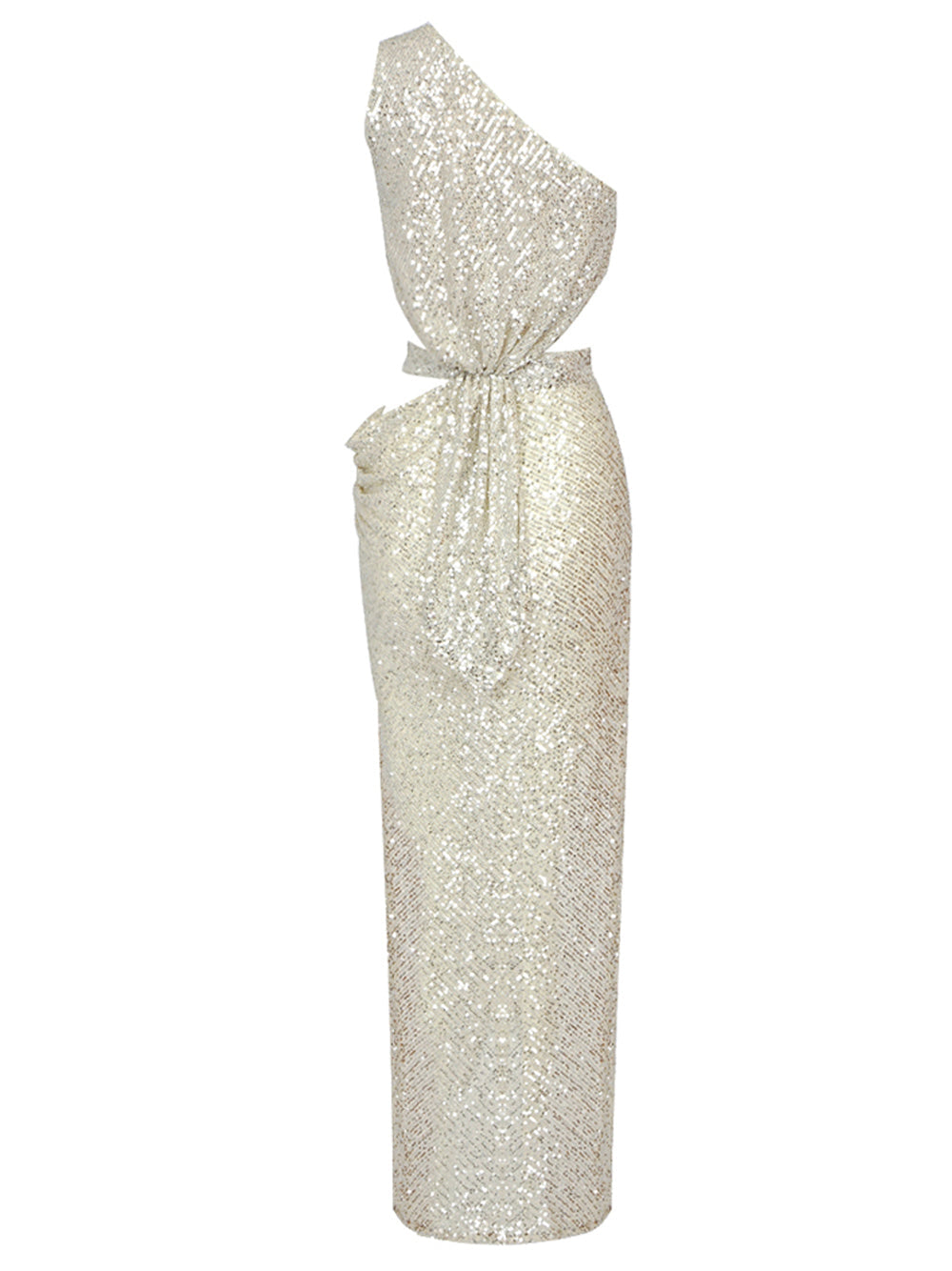 Sequin One Shoulder Cut Out Waist Ruched High Split Bodycon Maxi Gown