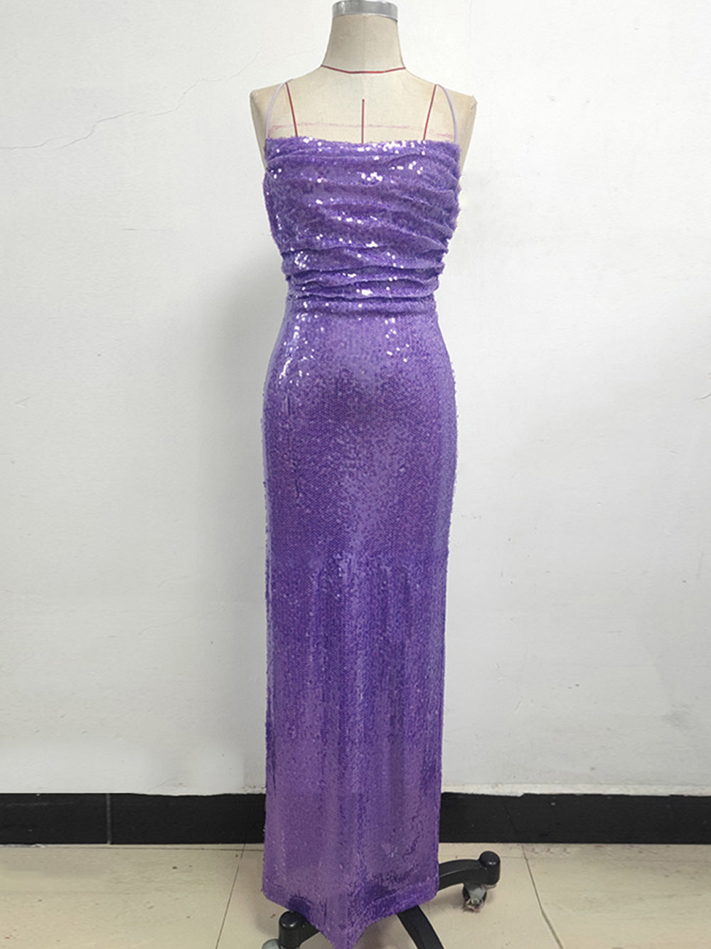 Sequin Spaghetti Strap Ruched Side Seam Bodycon Column Maxi Gown