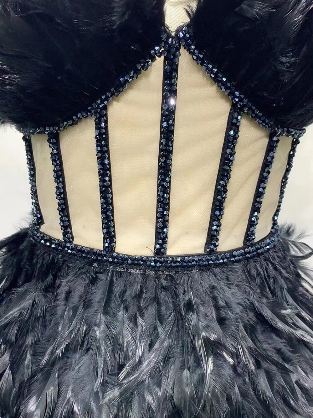 Strapless Feather Sweetheart Corset Bodice Beaded Trim Asymmetric Hem Mini Dress