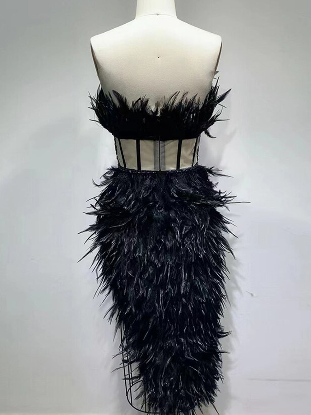 Strapless Feather Sweetheart Corset Bodice Beaded Trim Asymmetric Hem Mini Dress