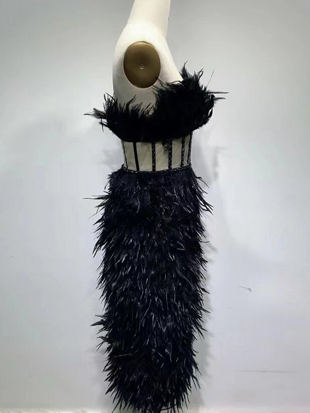 Strapless Feather Sweetheart Corset Bodice Beaded Trim Asymmetric Hem Mini Dress
