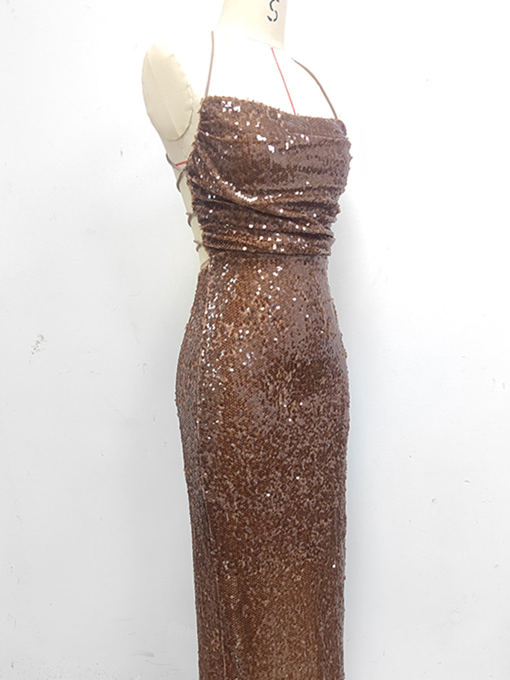 Sequin Halter Neck Ruched Bodycon Mermaid Maxi Gown