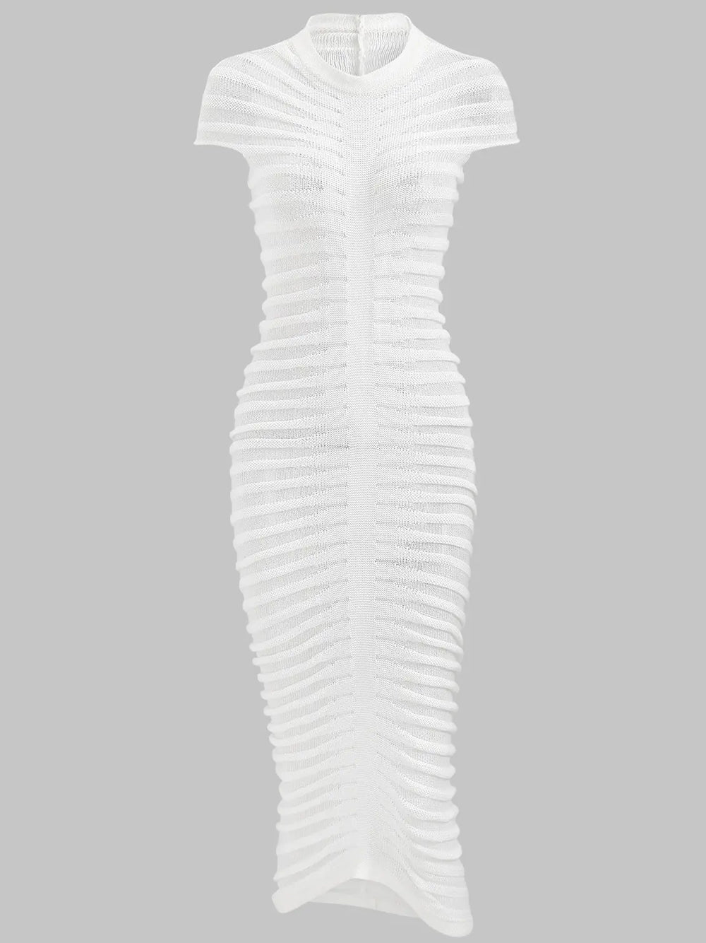 Knit Ribbed Semi Sheer Horizontal Stripe Mock Neck Cap Sleeve Bodycon Midi Dress