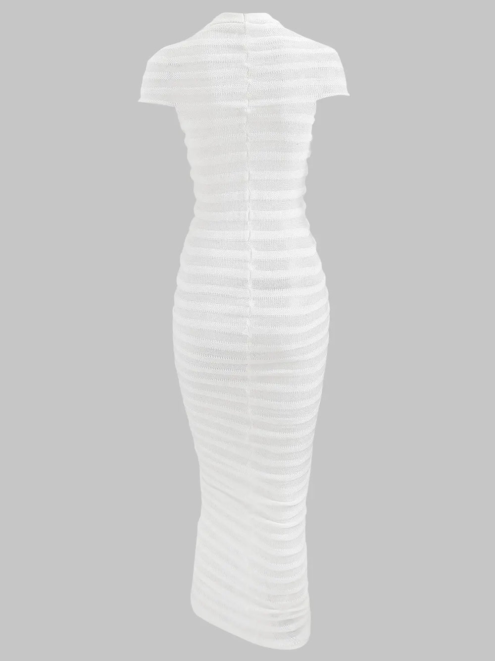 Knit Ribbed Semi Sheer Horizontal Stripe Mock Neck Cap Sleeve Bodycon Midi Dress
