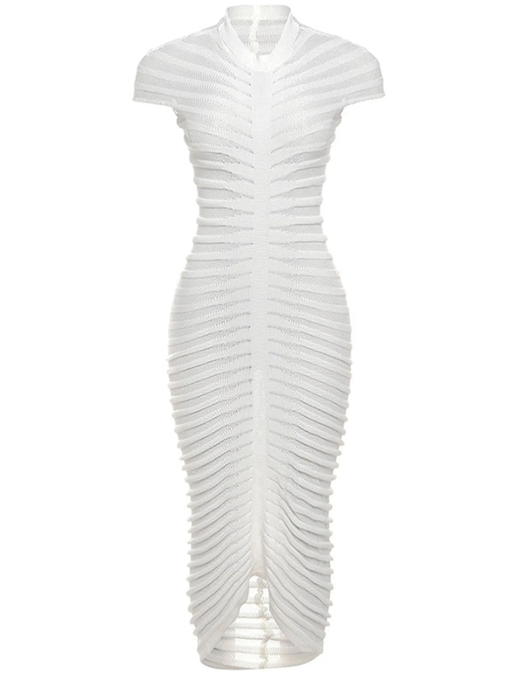 Knit Ribbed Semi Sheer Horizontal Stripe Mock Neck Cap Sleeve Bodycon Midi Dress