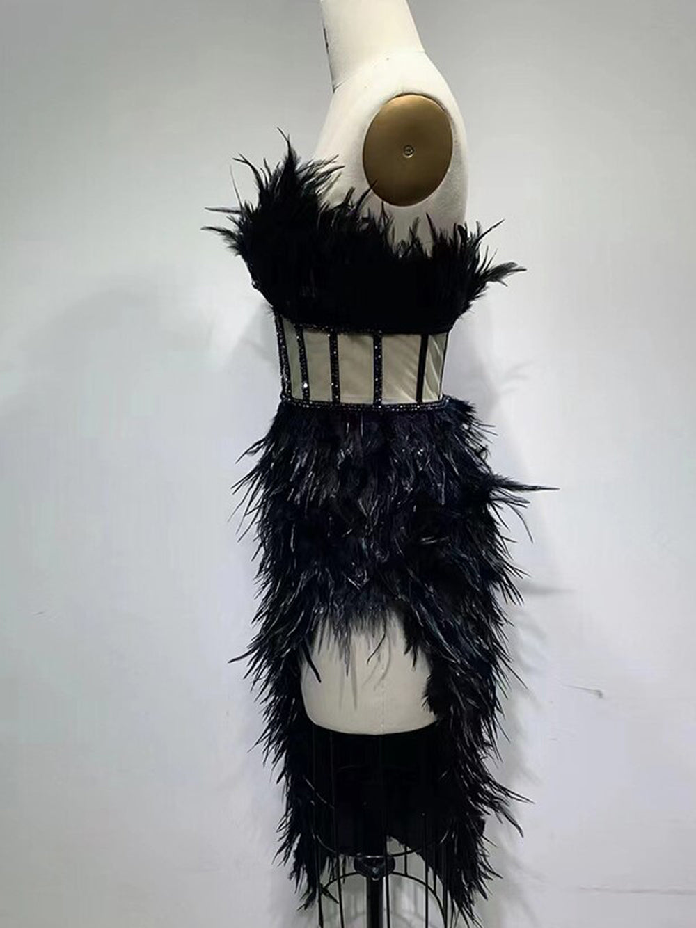 Strapless Feather Sweetheart Corset Bodice Beaded Trim Asymmetric Hem Mini Dress