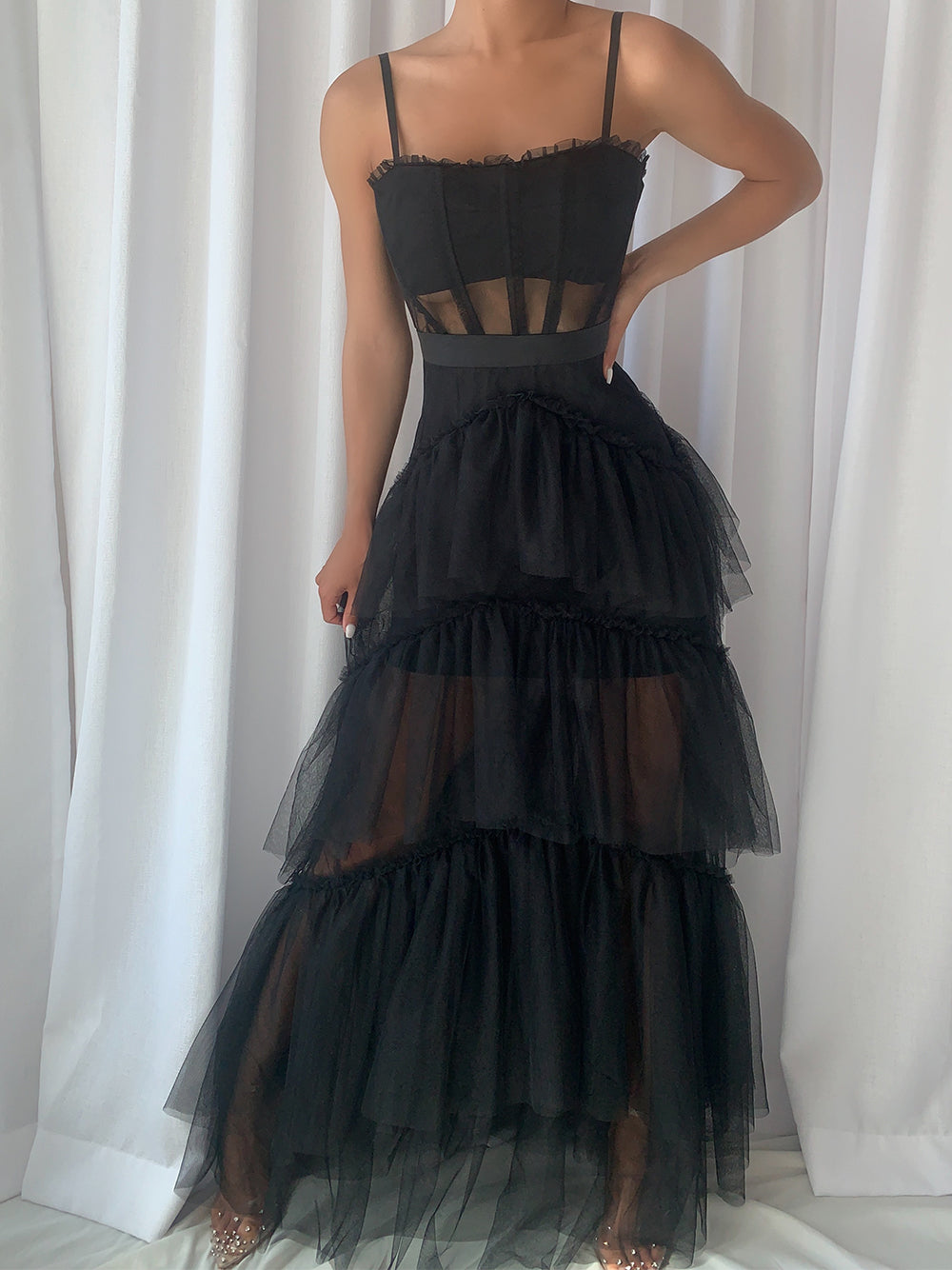 Mesh Corset Bodice Spaghetti Strap Tiered Tulle Maxi Gown