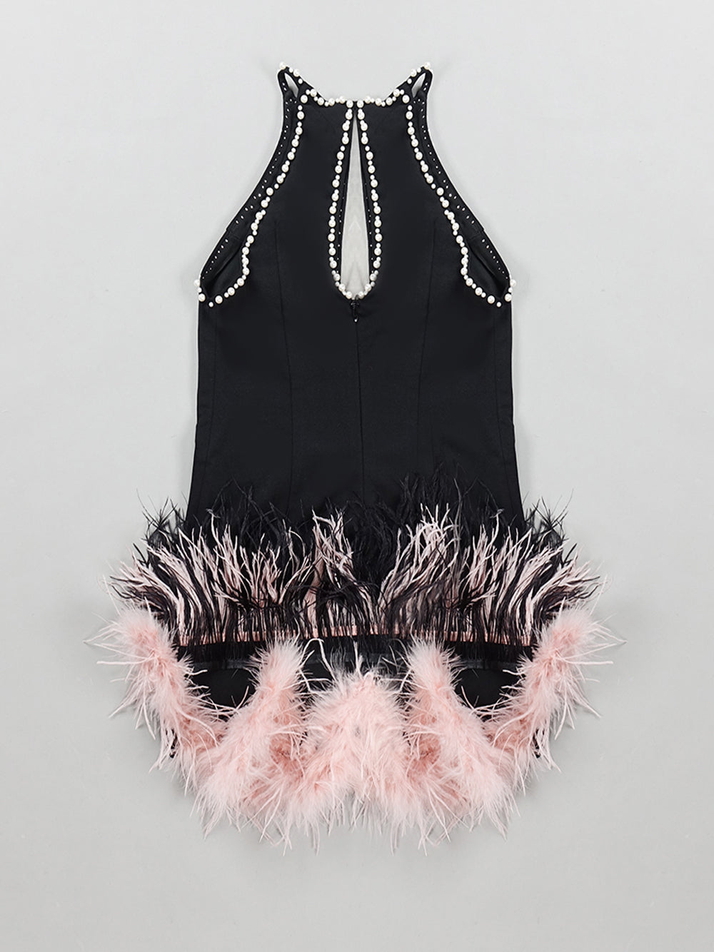 Pearl Trim Halter Neck Mesh Cut Out Feather Fringe Bodycon Mini Dress