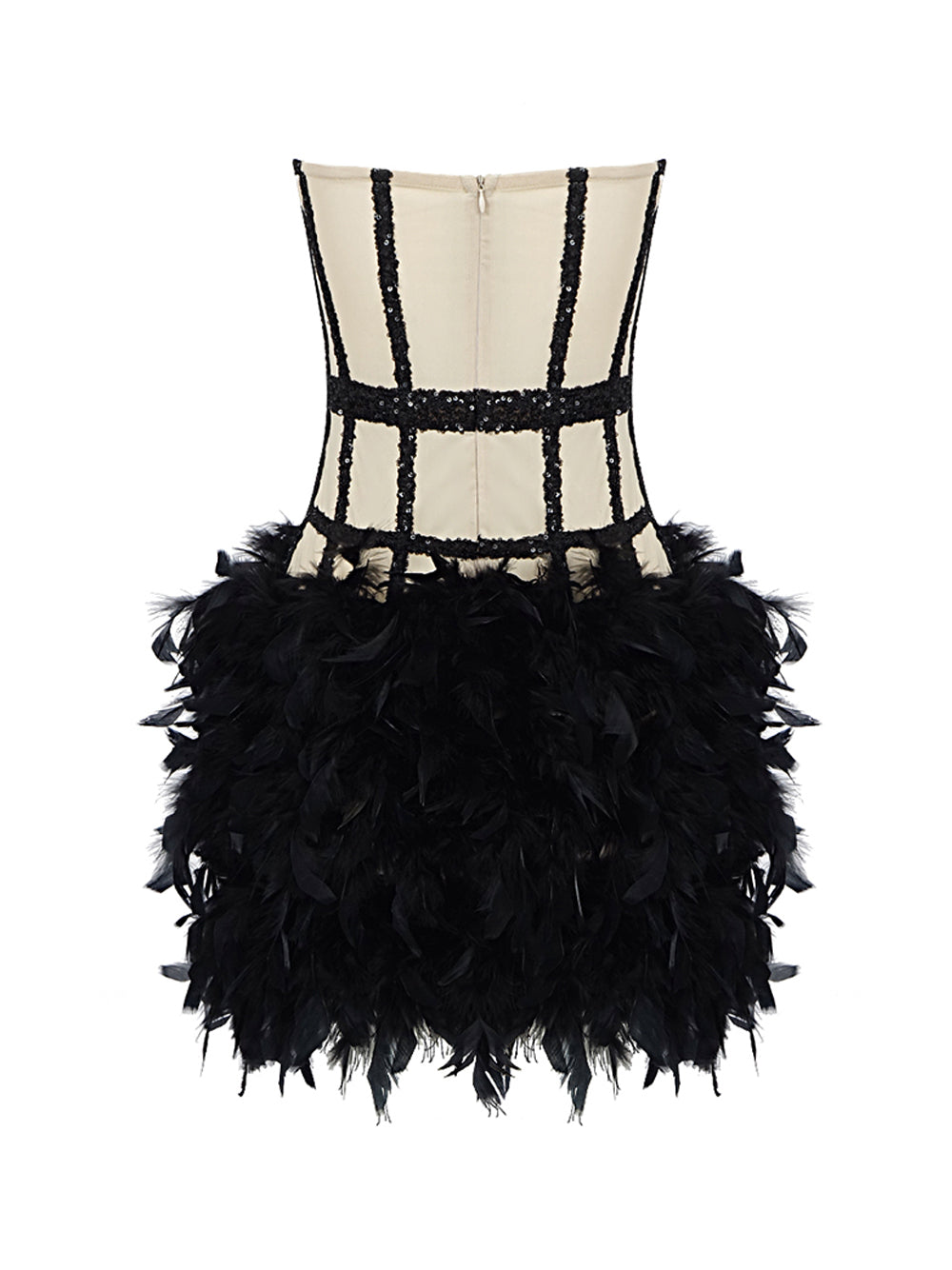 Strapless Sequin Mesh Corset Bodice Feather Skirt Mini Party Dress